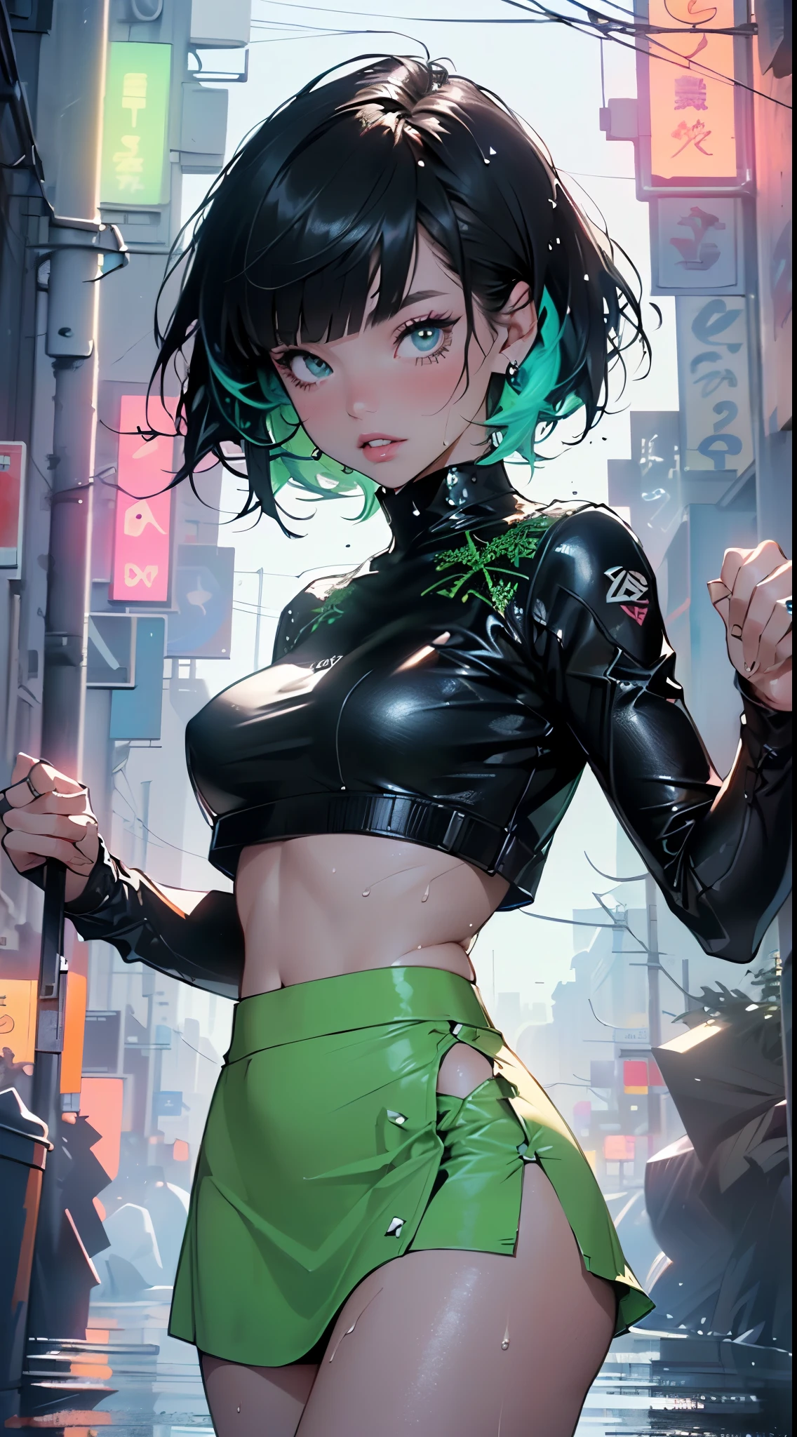 girl dancing,(((1girl))),((girl with extremely cute and beautiful black hair)),
(large breasts:1.4),(((black hair:1.35,hair over one eye, blunt bangs, long sideburns, messy hair, bob cut))),(((eyes_green:1.3))),intricate eyes,beautiful detailed eyes,symmetrical eyes,((fat)),((((lustrous skin:1.5,bright skin: 1.5,shiny skin,very shiny skin,shiny body,plastic glitter skin,exaggerated shiny skin,shiny skin like ebony,illuminated skin,wet legs))),(spider lower abdomen,narrow waist,wide hip,athletic body,inflated legs, thick thighs,detailed body,(detailed face), toned abs),
cute,slutty,seductive,erotic,(nsfw),
zettai ryouiki,revealing clothing,show skin,((rave bikini with an green print,((neon pink color rave mini-skirt)),visible thong straps)),((underpants strap)),(wearing a rave dancing outfit:1.3,rave dancing clothes,semi-naked,with little clothing),((wet clothes,intricate outfit,intricate clothes)),
(dynamic pose:1.0),embarrassed,(centered,scale to fit dimensions,Rule of thirds),
cyberpunk city by the ocean at night, with bright neon signs and dark stormy clouds and puddles, scenery:1.25,nighttime, starry night, cosmos,Very dark night that makes the neon lights stand out, very bright neon lights,
artistic photography,(photography taken by sldr),highres, sharp focus,(ultra detailed, extremely detailed), (photorealistic artwork:1.37),(extremely detailed CG unity 8k wallpaper),((synthwave background theme)),(((vibrant colors))),intricate,(intricate background),(masterpiece),(best quality),perfect rendered face,perfect face details,realistic face,photo realistic,analog style,((intricate detail)),(((realism))),