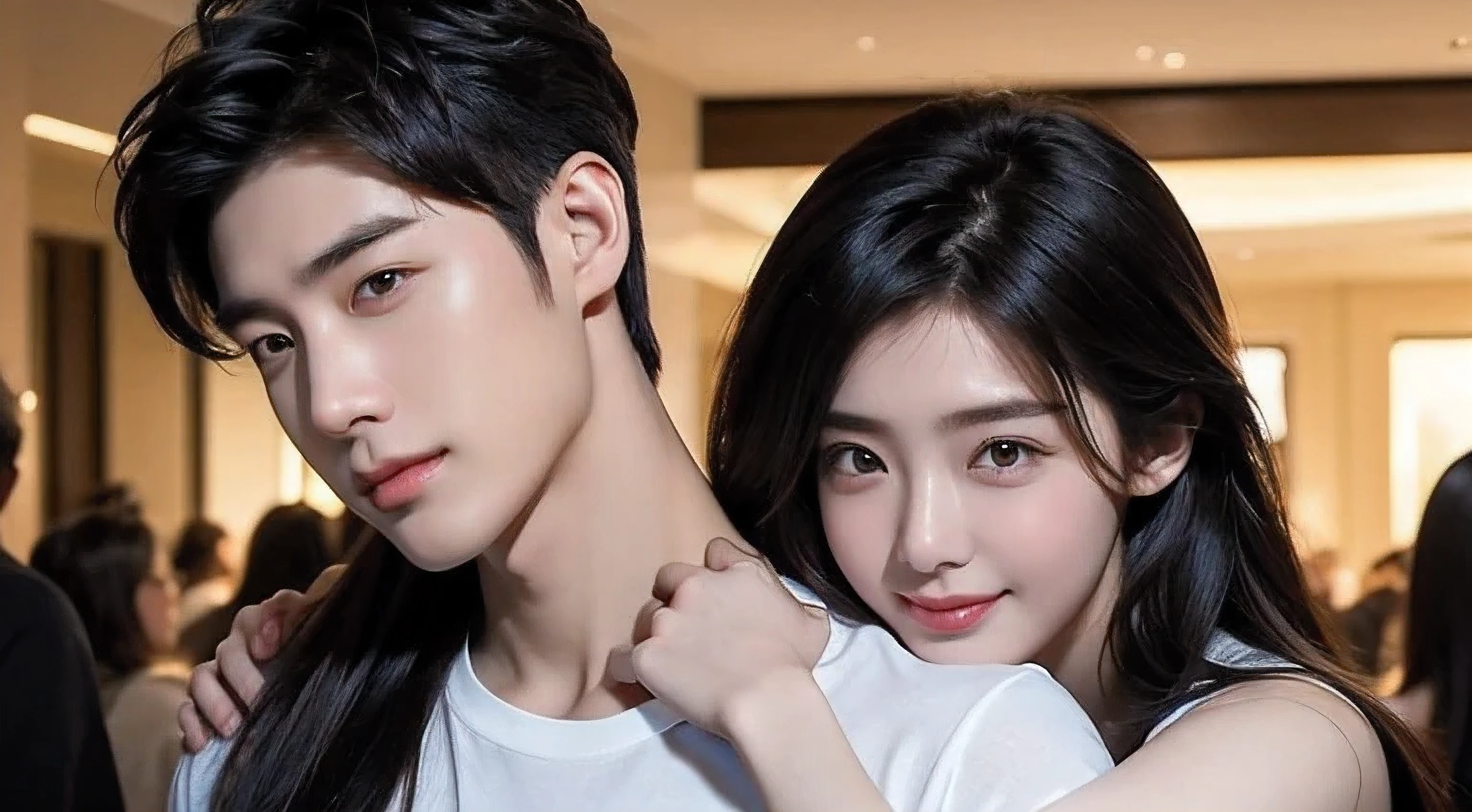 ((quality、masterpiece、photographyrealism:1.4、8k))、（（1 Korean、Short hair details、Handsome 20-year-old Korean boy：1.3），（1 Korean women、long gray hair、Girlfriend Mix_v1：1.3）、2 people hugging each other）、25 years old、face shape、Detailed eyes and face、High-end mall shopping)、textured skin、super detailed、Hoch details、high high quality、high resolution、（looking at the audience）、detailed mouth、Smile、of the whole body:1.2、Real-world scenarios、Wearing a translucent T-shirt
