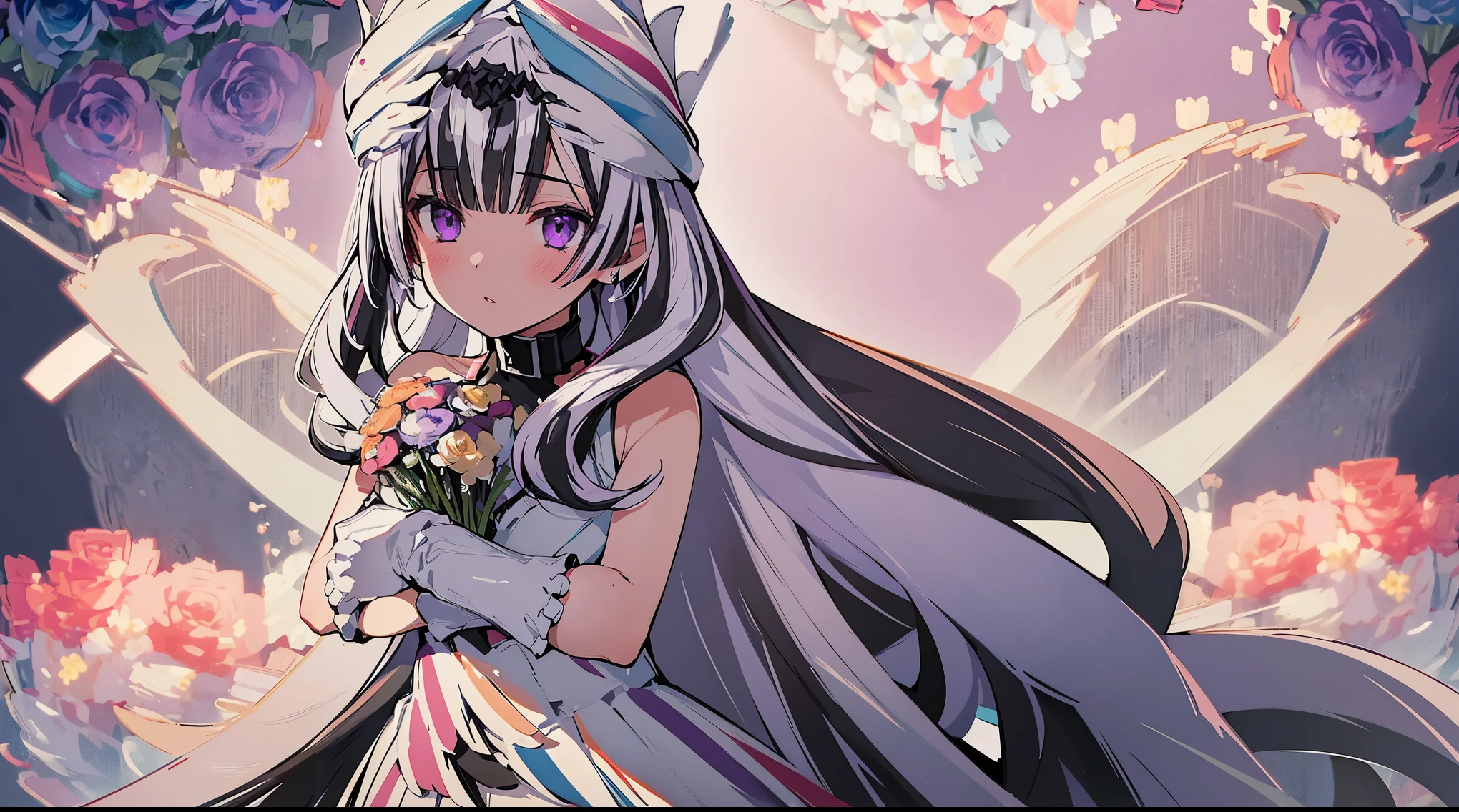 (((4k, masterpiece, top-quality))) ,8k, best quality, high resolution, HD, unity 8k wallpaper, extremely detailed face, perfect lighting, extremely detailed CG, (perfect hands, perfect anatomy), a beautiful anime character holding a bouquet of pink and white flowers, veyle_engage, dress, white dress, white hair, black hair, 1girl, solo, gloves, white gloves, (((purple eyes 1:2, flowers, roses, bouquet))), (((flowers background:1.6))) long hair, bangs, bare shoulders, multicolored hair, blush, blue flower, bouquet