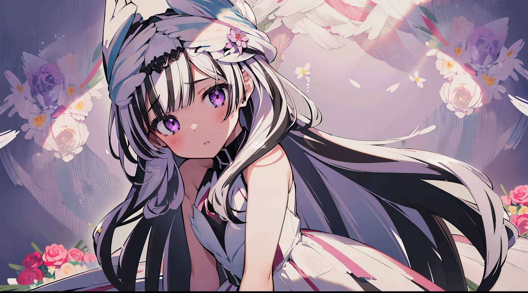 (((4k, masterpiece, top-quality))) ,8k, best quality, high resolution, HD, unity 8k wallpaper, extremely detailed face, perfect lighting, extremely detailed CG, (perfect hands, perfect anatomy), a beautiful anime character holding a bouquet of pink and white flowers, veyle_engage, dress, white dress, white hair, black hair, 1girl, solo, gloves, white gloves, (((purple eyes 1:2, flowers, roses, bouquet))), (((flowers background:1.6))) long hair, bangs, bare shoulders, multicolored hair, blush, blue flower, bouquet