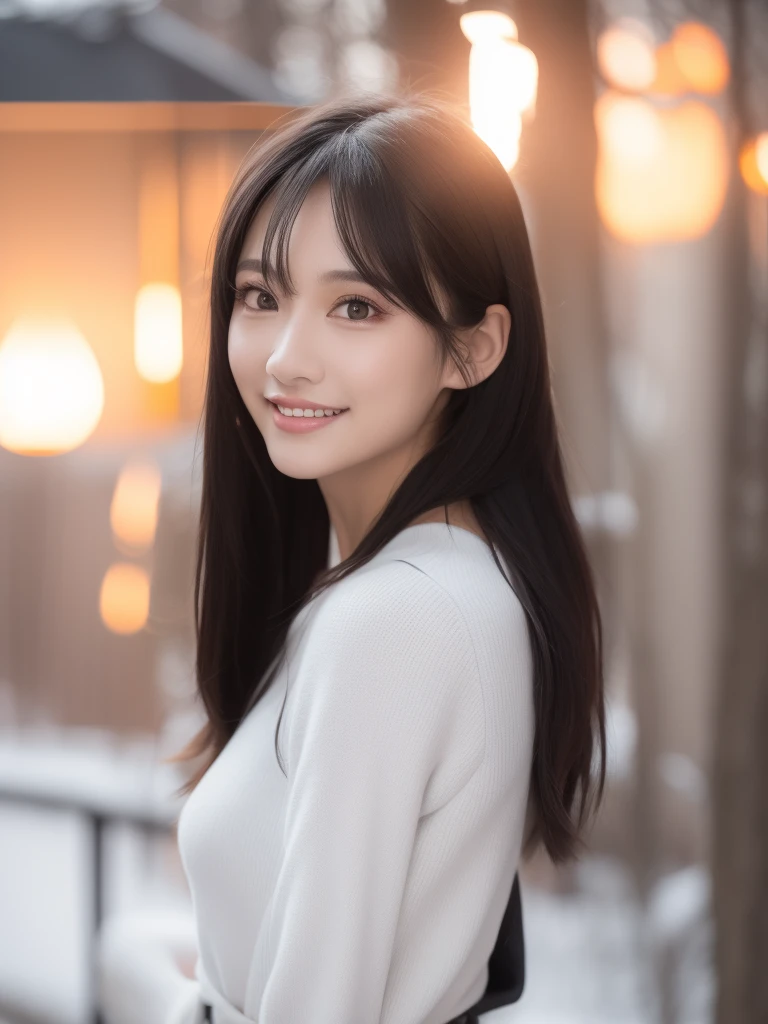 Winter scenery,Winter Outfit,long court,monochrome coordination,frontal photos,a smile