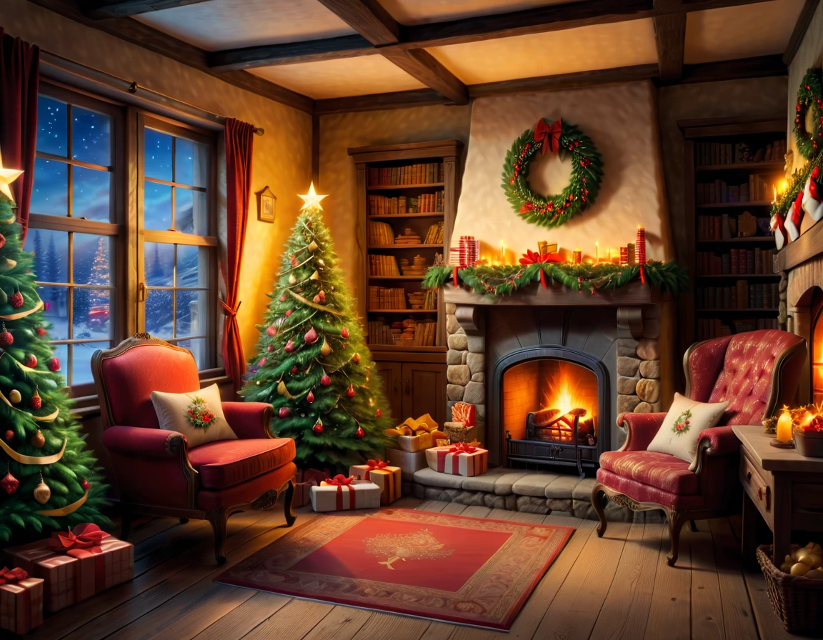 a grocery store,1 Christmas tree, a chair, a fireplace and a window, charming scene of a, cozy environment, 舒适The atmosphere, Santa's workshop, cozy environment, cozy place, pleasant 舒适The atmosphere, Cozy atmosphere, Comfortable wallpaper, Home background, cosy atmoshpere, 舒适宁静The atmosphere, tomas kinkade. Lovely comfortable room, The atmosphere