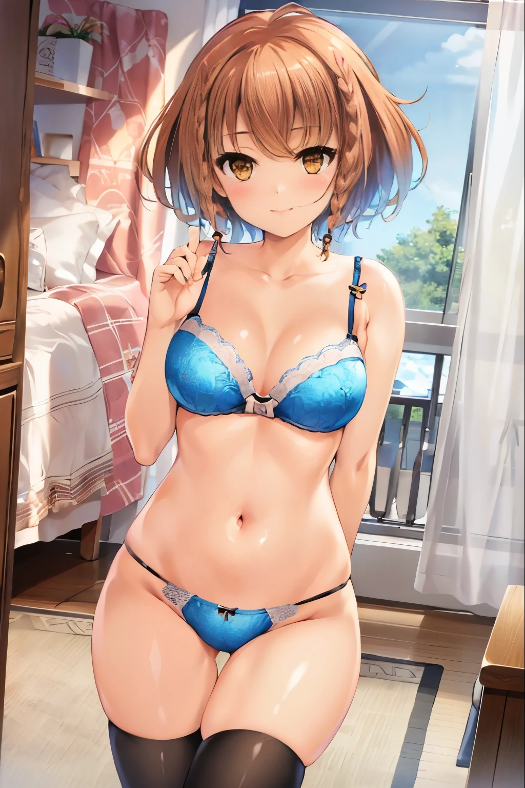 masterpiece, best quality, 1girl, korona kusakabe, lingerie, bra, string, black legwear, blush, soft smile, bedroom, blue sky