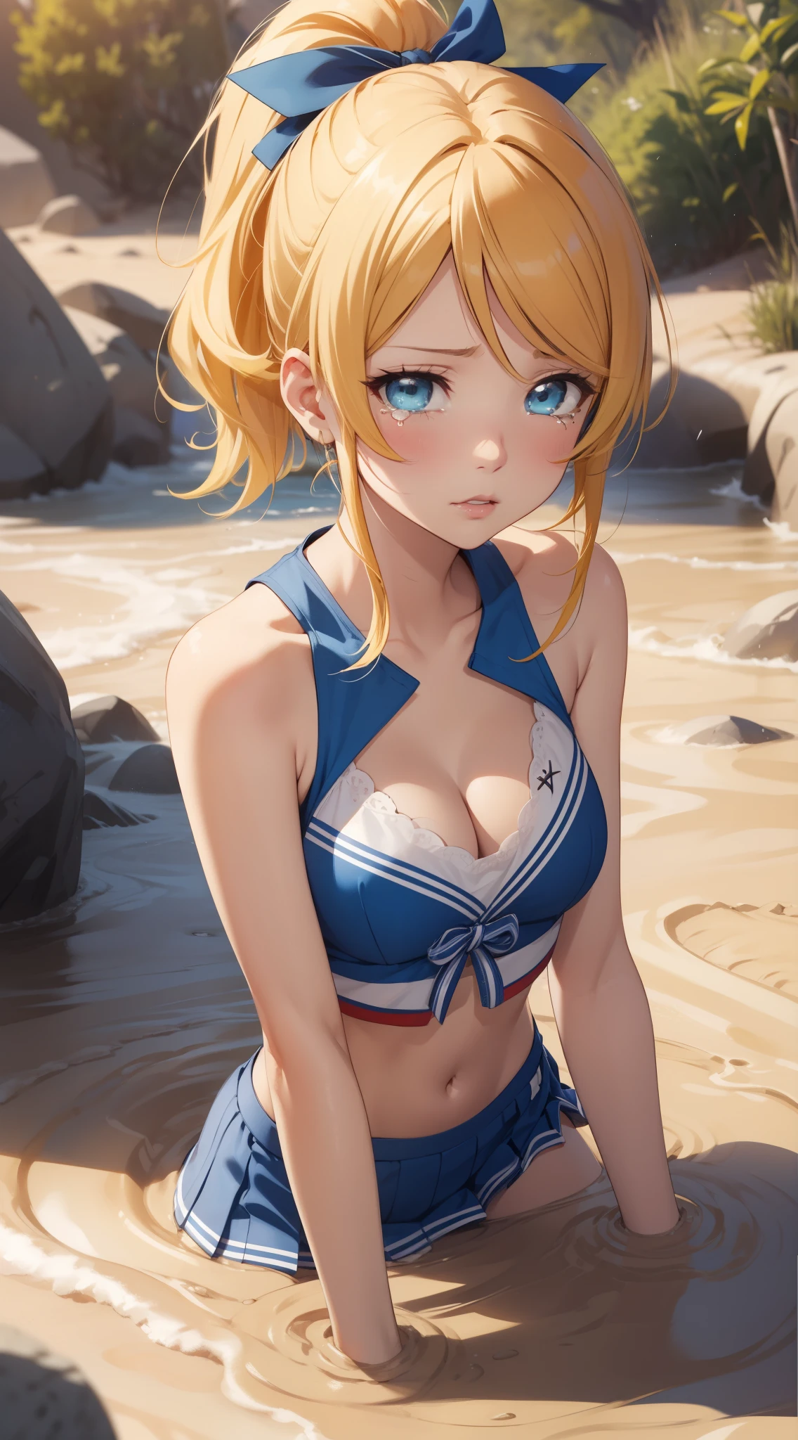 eliayase, eli ayase, yellow hair, blue eyes, ponytail, hair ribbon, masterpiece, best quality, high resolution, unity 8k wallpaper, illustration, beautiful detailed eyes, blush, glossy lips, lips parted, perfect lighting, extremely detailed CG, perfect anatomy, cheerleader, cleavage, (quicksand:1.3), (tears)