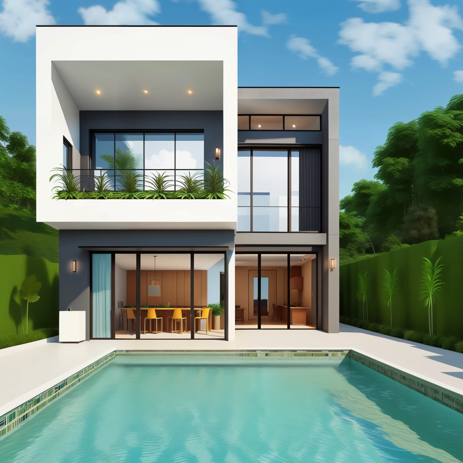 modern stylish home, A hyper-realistic, masutepiece, hightquality, Best Quality, Raw photo,mansion,Resort,Asymmetrical,swimming pools,tennis coat,plants on the roof,plants are real