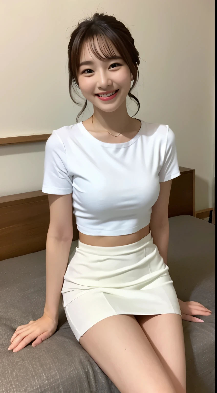 White tight shirt、White tight mini skirt、a bed、a smile、shortsleeves、high-level image quality