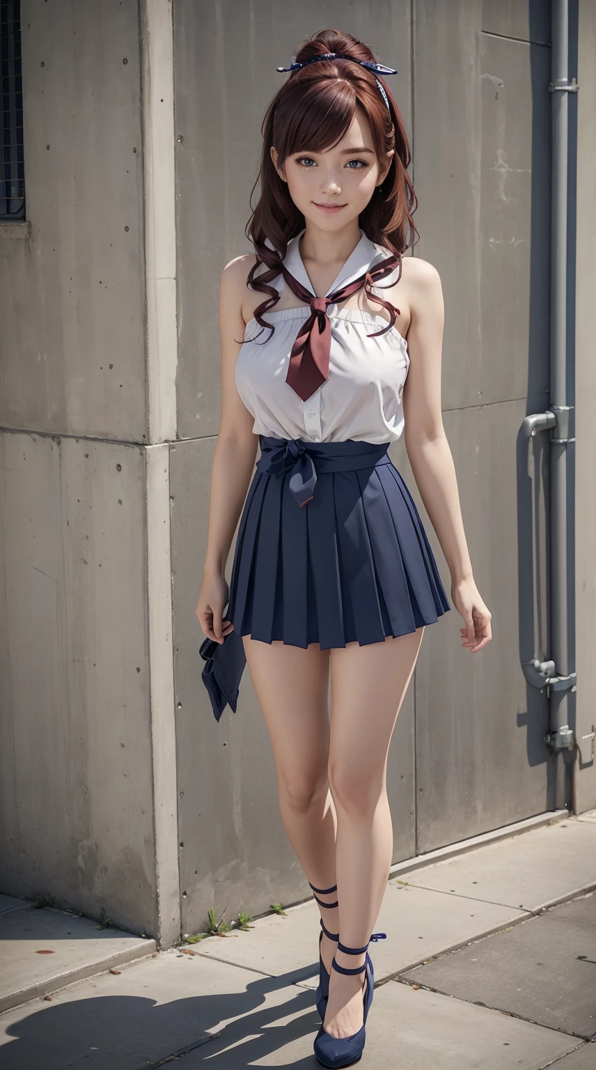 26 year old white woman、Hair color is reddish、Hair is wavy、My hair is tied with a ribbon、Eye color is blue、Longhaire、A slender、a smile、Wearing a sailor suit、He wears an azuki-colored ribbon tie.、She's wearing a dark blue pleated skirt.、I'm wearing low heels、standing against an old concrete wall、a smile、Head-on perspective、Breast size、A slenderだが均整の取れた細マッチョな身体