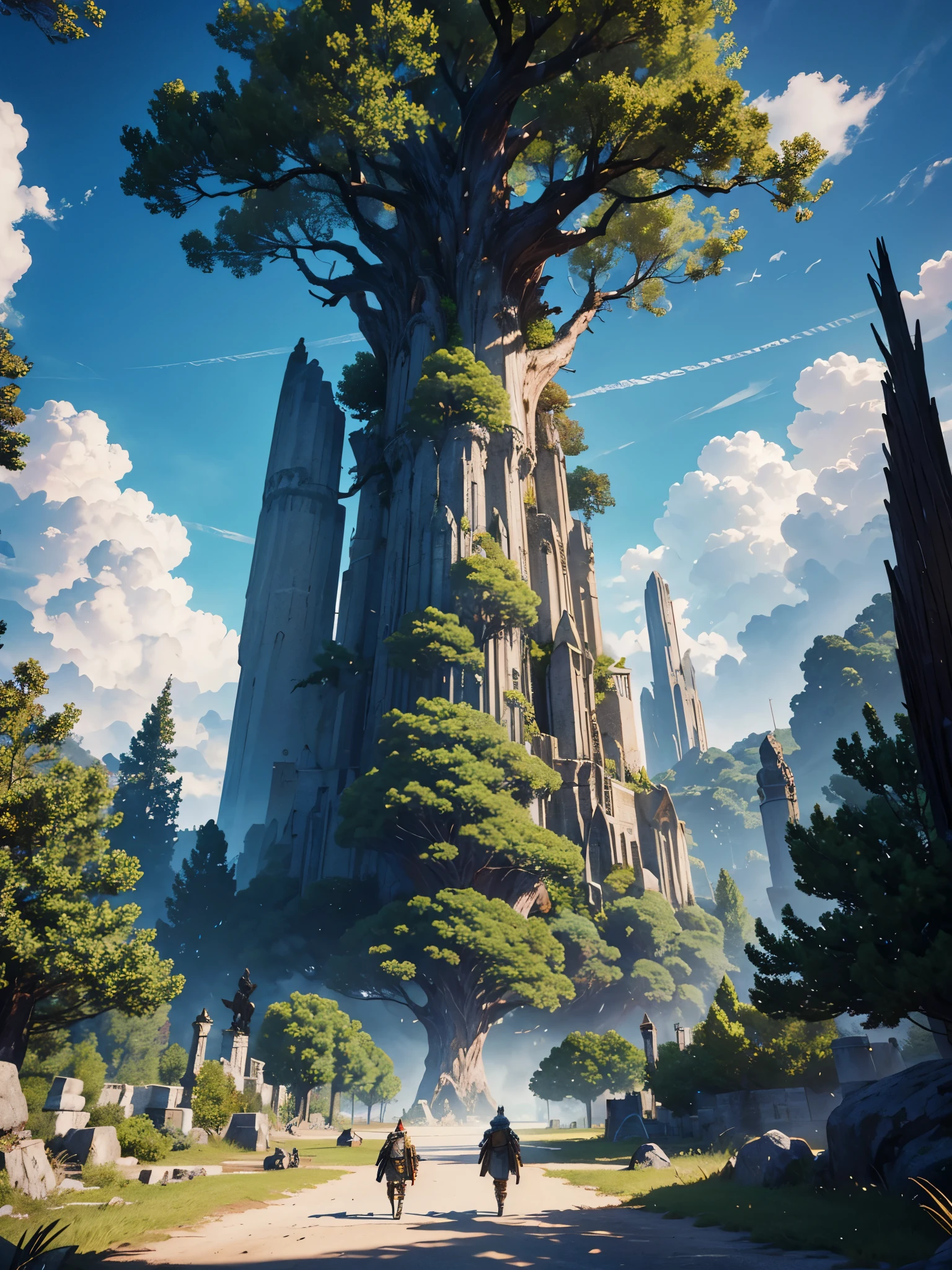 Zebaoth, giant epic fantasy tree, Montanhas enormes, cinematic lens, wide-angle view, Realistic, skins detalhadas, 8k, trending on ArtStation, liso, 3D Animation --AR 2:1 --v 5 --q 2 --s 750