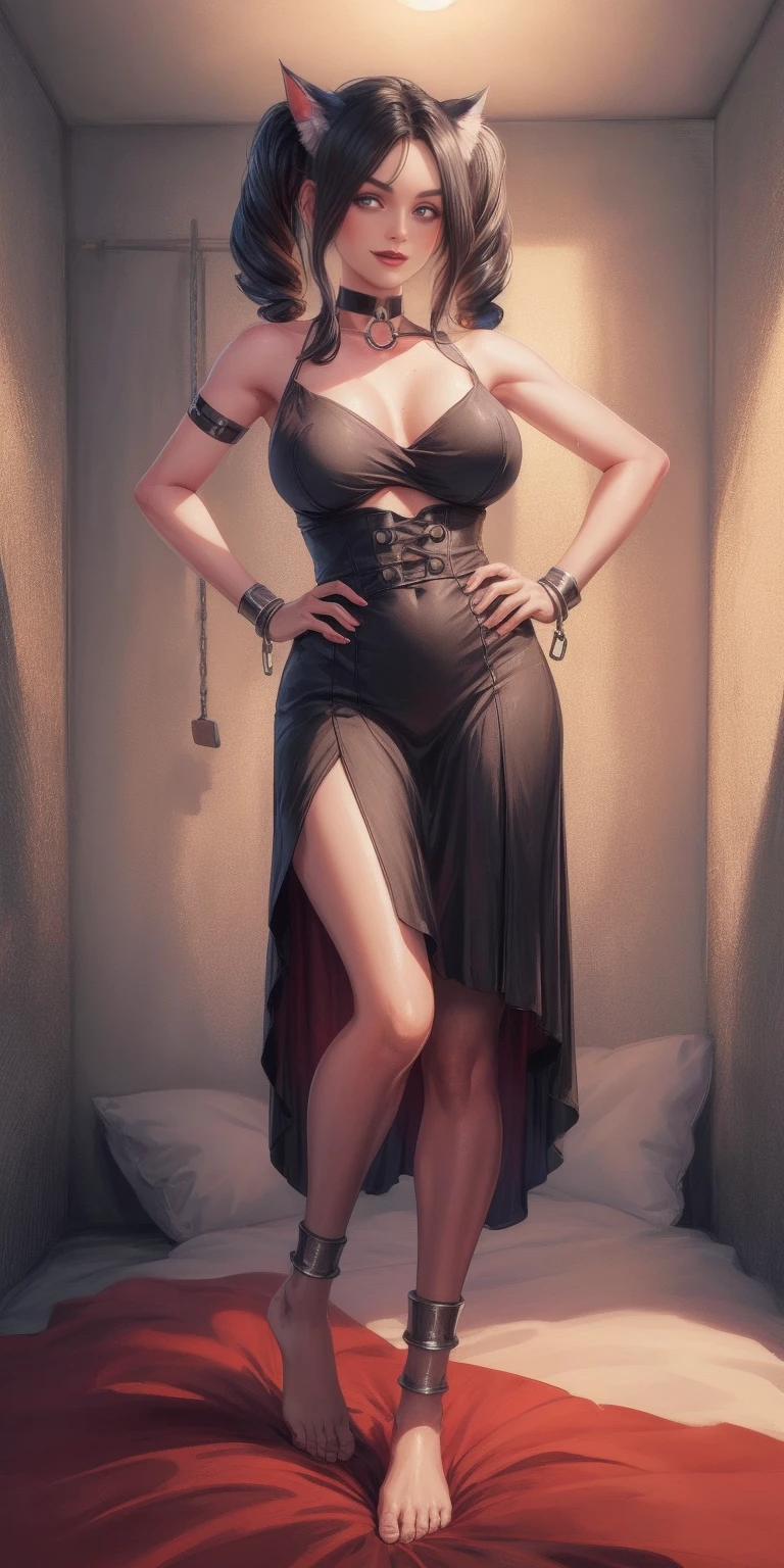 SFW, SLAVE FEMALE, Maid for sale. An African (very black skin) domestic worker for text "US dollar" full body, barefoot, standing straight symmetrical, huge boob(masterpiece, best quality:1.2), smirking smile, red blush, wet body, looking at viewer, hands on hips, twintails, twin drills, dress, blue pantyhose, striped pantyhose, Handcuffs on their hands, With a collar around the neck, slave catgirl ((black choker, shackles on legs and armedroom background (bed, pillow, sheet))