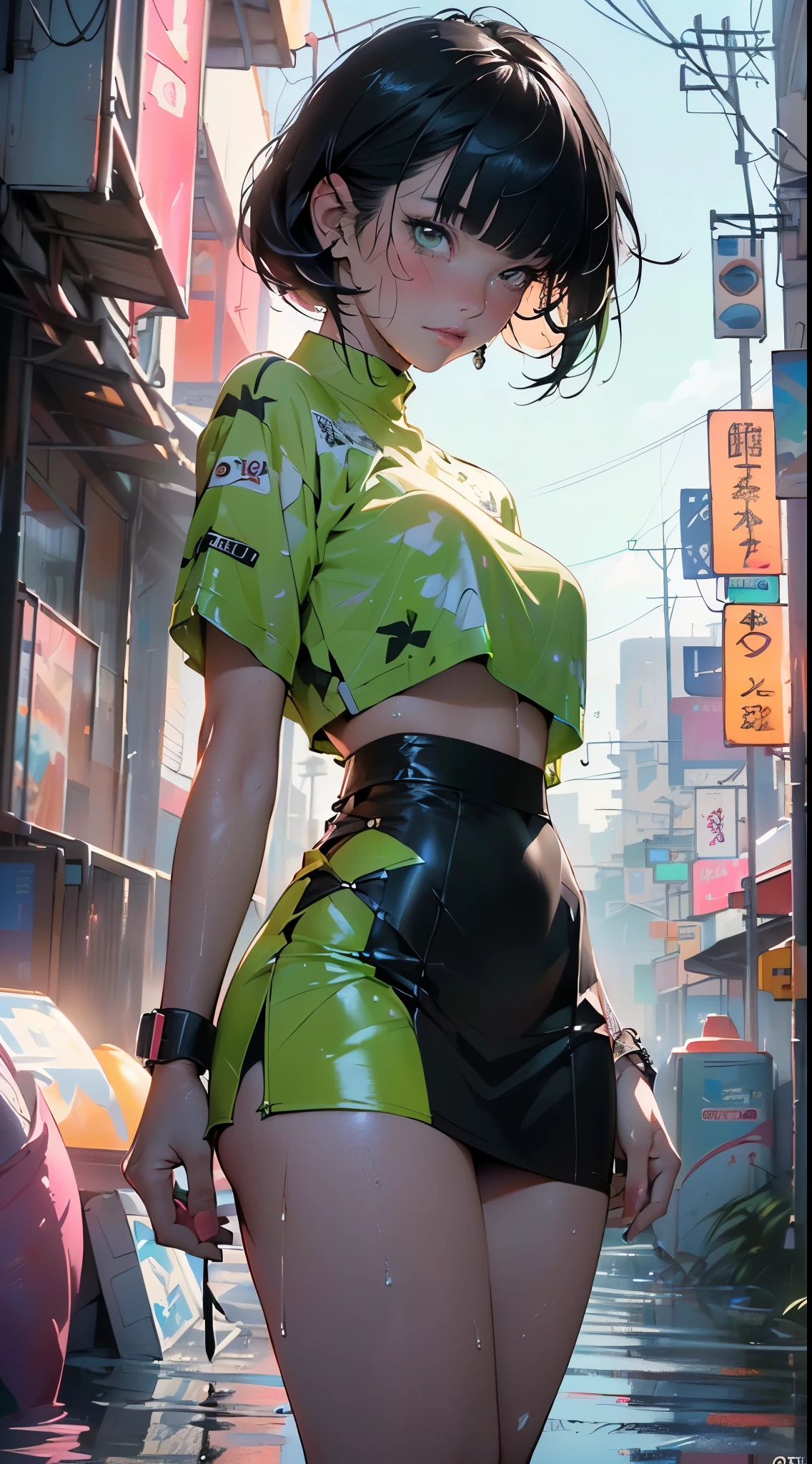 girl dancing,(((1girl))),((girl with extremely cute and beautiful black hair)),

(large breasts:1.4),(((black hair:1.35,hair over one eye, blunt bangs, long sideburns, messy hair, bob cut))),(((eyes_green:1.3))),intricate eyes,beautiful detailed eyes,symmetrical eyes,((fat)),((((lustrous skin:1.5,bright skin: 1.5,shiny skin,very shiny skin,shiny body,plastic glitter skin,exaggerated shiny skin,shiny skin like ebony,illuminated skin,wet legs))),(spider lower abdomen,narrow waist,wide hip,athletic body,inflated legs, thick thighs,detailed body,(detailed face), toned abs),

cute,slutty,seductive,erotic,(nsfw),

zettai ryouiki,revealing clothing,show skin,((rave bikini with an green print,((neon pink color rave mini-skirt)),visible thong straps)),((underpants strap)),(wearing a rave dancing outfit:1.3,rave dancing clothes,semi-naked,with little clothing),((wet clothes,intricate outfit,intricate clothes)),

(dynamic pose:1.0),embarrassed,(centered,scale to fit dimensions,Rule of thirds),

cyberpunk city by the ocean at night, with bright neon signs and dark stormy clouds and puddles, scenery:1.25,nighttime, starry night, cosmos,Very dark night that makes the neon lights stand out, very bright neon lights,

artistic photography,(photography taken by sldr),highres, sharp focus,(ultra detailed, extremely detailed), (photorealistic artwork:1.37),(extremely detailed CG unity 8k wallpaper),((synthwave background theme)),(((vibrant colors))),intricate,(intricate background),(masterpiece),(best quality),perfect rendered face,perfect face details,realistic face,photo realistic,analog style,((intricate detail)),(((realism))),