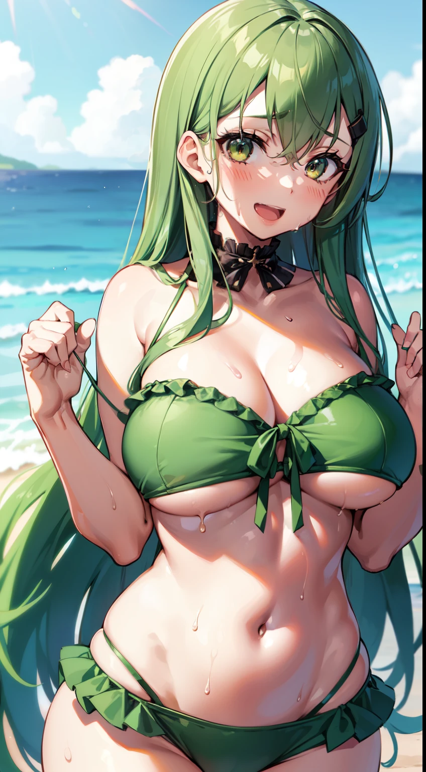 solo, milf, suzuya, kantai collection, huge breasts, long hair, frilled bikini,tube top,long hair, green hair, wide  hips,looking at viewer, wide hips, open mouth, smile, beach, sweat body, wet body, light,navel,focus upper body,under boob