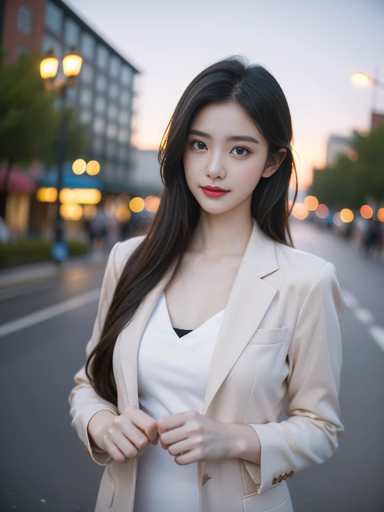 tmasterpiece,Highest image quality,super detailing,(1 Sister), The beautiful, amazing face and eyes, Cosmetics for a delicate and beautiful face), (The sexiest look), (The beautiful大胸:1.1), (Best quality at best:1.4), (ultra - detailed), (Extremely detailed CG-8k wallpaper), Very meticulous, RAW photogr, professional photoshooting, ((buisness suit)), (tightly dress), (Open business shirt), Outdoor sports, (down town, nightcity, lamplight), (nigh sky), depth of fields,The chest is particularly large,