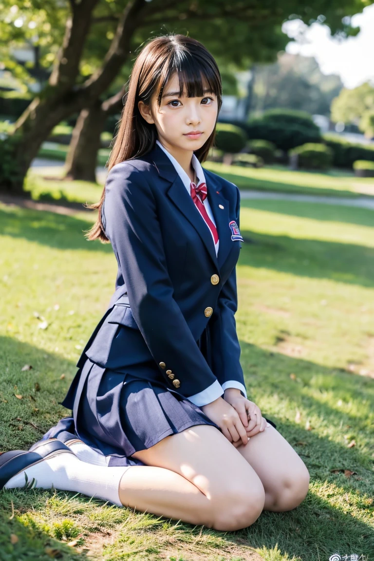 lawn、((Two beautiful Japan girls))、Two beautiful girls、Cute same school uniform、Navy blue blazer uniform、15yo student、Wistful expression、With bangs、Tall、Straight semi-long hair、((Long skirt to hide the knees))、((Navy long skirt below knee length))、early evening、the wind、Thin leg、Standing、put strength into your body、Short Bob、