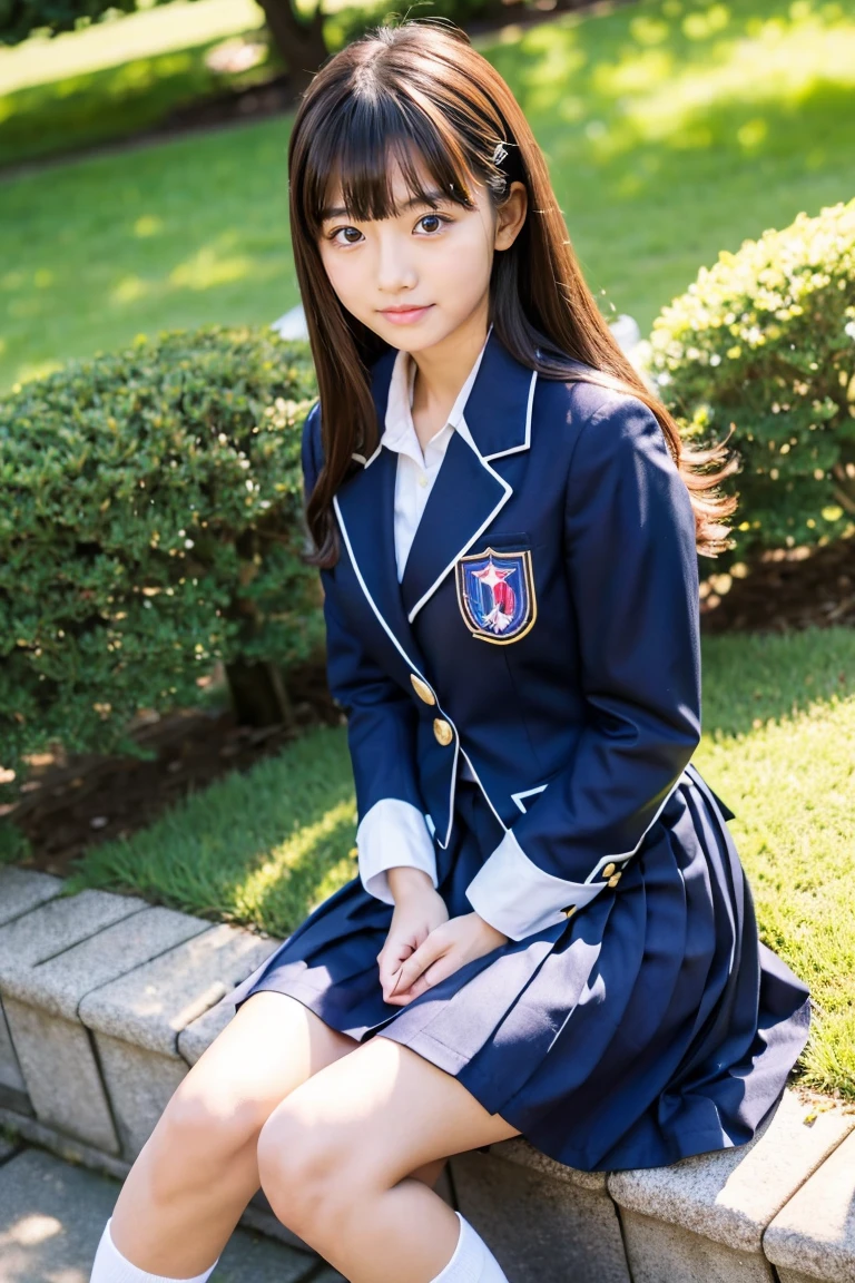lawn、((Two beautiful Japan girls))、Two beautiful girls、Cute same school uniform、Navy blue blazer uniform、15yo student、Wistful expression、With bangs、Tall、Straight semi-long hair、((Long skirt to hide the knees))、((Navy long skirt below knee length))、early evening、the wind、Thin leg、Standing、put strength into your body、Short Bob、