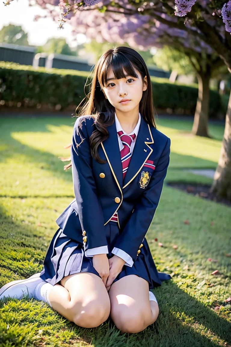 lawn、((Two beautiful Japan girls))、Two beautiful girls、Cute same school uniform、Navy blue blazer uniform、 student、Wistful expression、With bangs、Tall、Straight semi-long hair、((Long skirt to hide the knees))、((Navy long skirt below knee length))、early evening、the wind、Thin leg、Standing、put strength into your body、Short Bob、