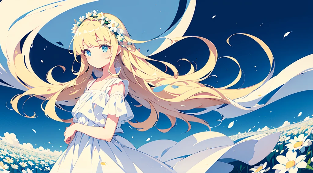 (1girl, blonde hair, long hair, blue eyes, white sundress, cute, kawaii), (blue moon, white flower field), (low contrast, flat color, limited palette)