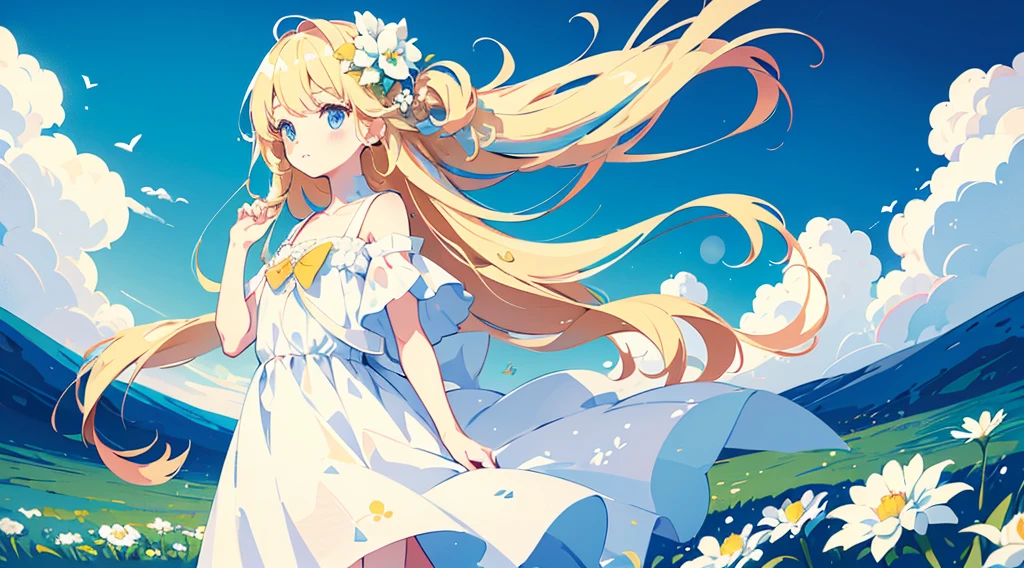 (1girl, blonde hair, long hair, blue eyes, white sundress, cute, kawaii), (blue moon, white flower field), (low contrast, flat color, limited palette)