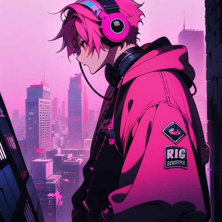 (short-cut), (Two-block hair), (vivid pink hair), (male character), (Red Eyes), (Cool pose), (of the highest quality), (​masterpiece), (ultra-detailliert), (Oversized hoodies), (Street), (neons), (Camera from a down angle), (Modern City), (neonsデイライト), (Cinematic), (Stylish), (hight resolution), (Hyper Detailed), (Looking at the camera), (Anime-style), (Softtown), (nightcore), (a handsome man), (Listening to music through headphones), (natural appearance of the building), (casual), (ig studios anime style), (Super beautiful angle of view),