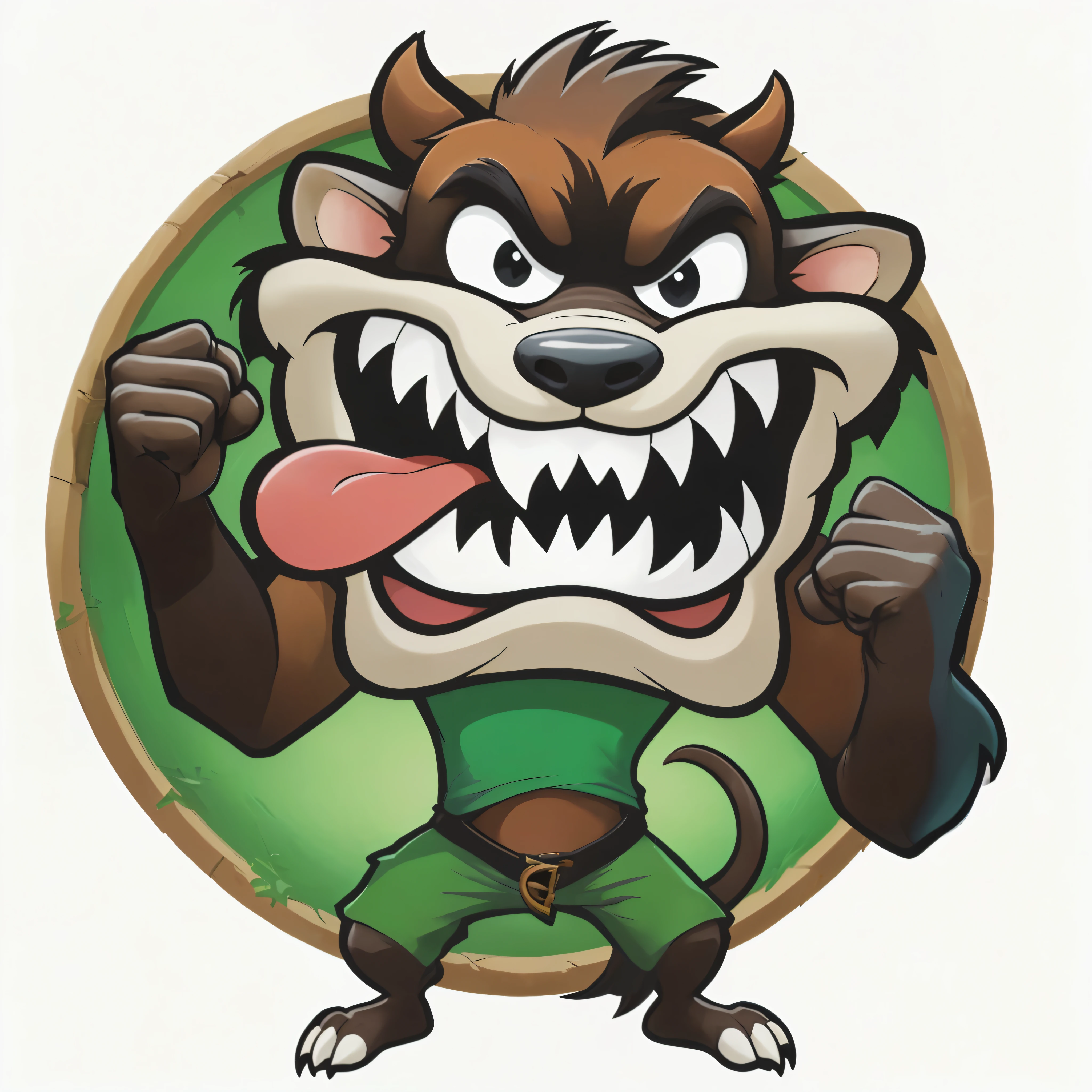 Cartoon image of a dog wearing a green shirt and a brown belt, Maskottchen-Illustration, Schreckgespenst, Ein Dingo-Maskottchen, huge angry rat, Meister Splitter, Crash-Bandicoot-Artstyle, Warwick Heiliger, raging Schreckgespenst, Offizielle Charakter-Illustration, Ein Minotaurus-Wolf, Gnoll, Illustration im Karikaturstil, demon-fang Gnoll, round teeth and silly face