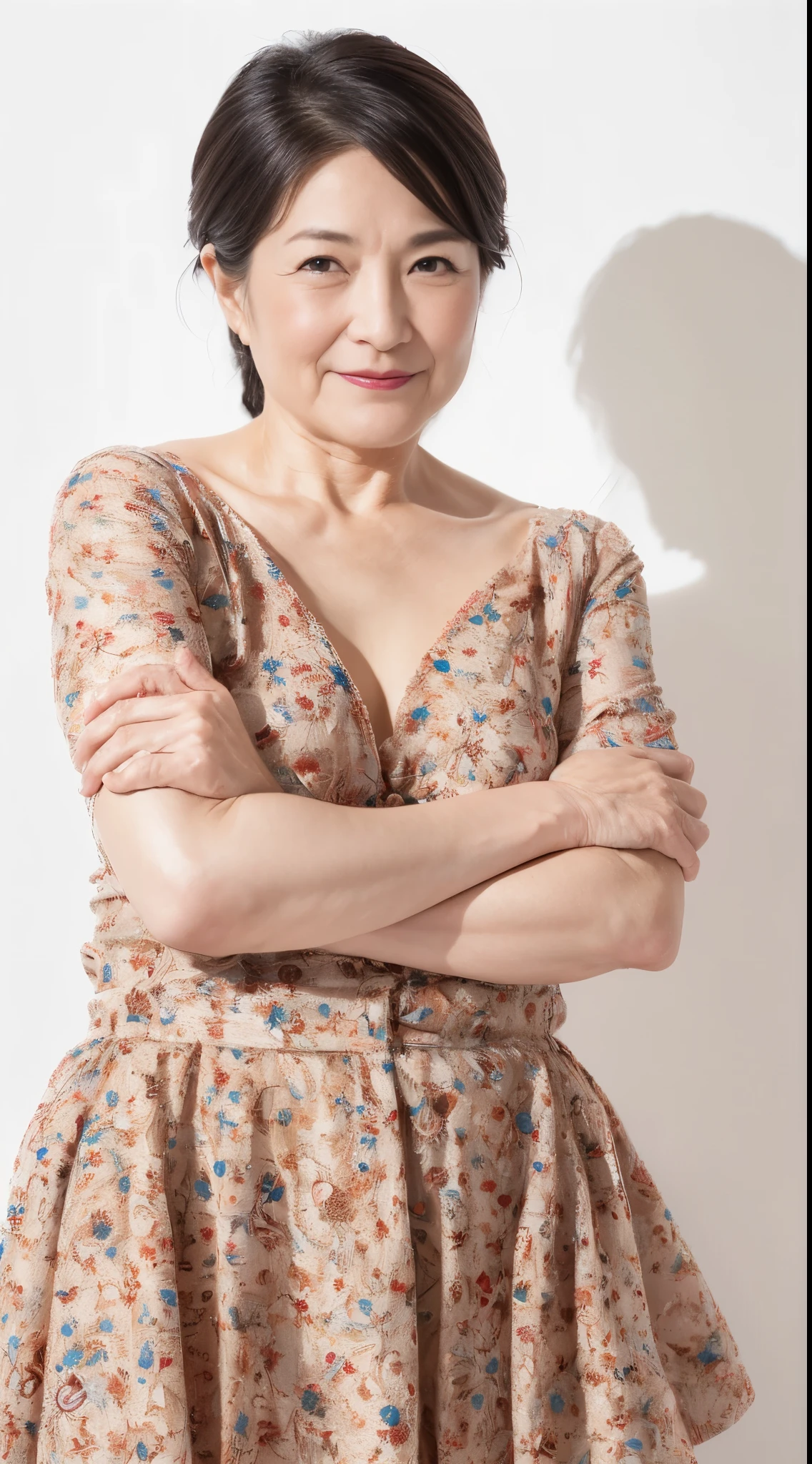 (((Solo))), Elderly Mature Woman, Pure white background, gravure, lower your arms straight down, facing front, ((Center your face on the screen)), Correctly depict lips,red-lips, Fancy makeup, from the chest up, masutepiece, Best Quality, Ultra-detailed, Photorealistic, Ultra-detailed細なスキン, Perfect Anatomy, (1 japanese mature woman), (Positive), 95 years old, huge udder, Mature Woman Politician, glamor, A sexy, Chromo-white skin, Looking at Viewer,