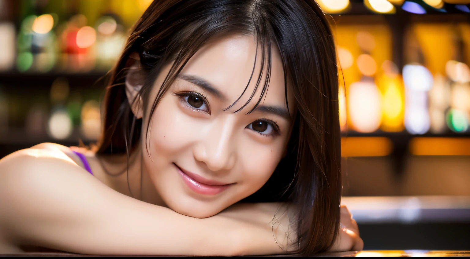 (masterpiece, best quality:1.4), (8k, raw photo, photo realistic:1.2), (shiny skin), detailed skin, detailed face, detailed eyes,
8k portrait, smiling Japanese woman, 25 years old, Brown eyes , (), Colorful cocktail dresses, Black Long straight hair, bar, (Pose that emphasizes the bust), Loving gaze towards a lover, full body, moody lighting