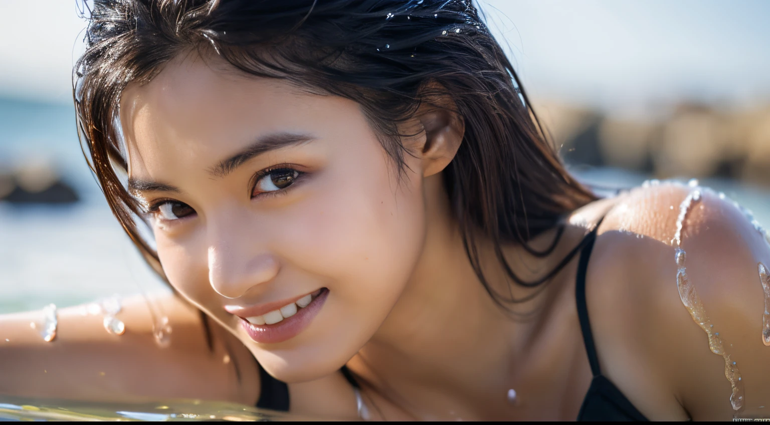 (masterpiece, best quality:1.4), (8k, raw photo, photo realistic:1.2), (shiny skin), detailed skin, detailed face, detailed eyes,
8k portrait, smiling Japanese woman, 25 years old, Brown eyes , beautiful,, big bust, (wet with water), Black micro bikini, Black Long straight hair, beach, (tilt one's head), Loving gaze towards a lover, upper body, divine light