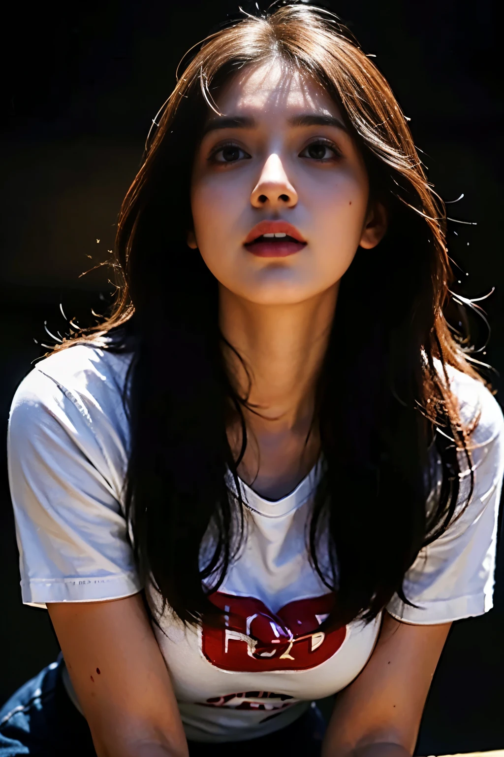 (Top Quality, 8K, 32 k, masterpiece, UHD:1.2),Photo of Pretty Japanese woman, A dark-haired, beautifull face,(leaning forward:1.3),(Raw foto:2.0)(No thin underwear, smooth thighs)(Configure from top to bottom:1.2),POV,((Big size baggy t-shirt:2.0,No underwear)),(Beautiful nipple slip:0.9),plein air,The wind is blowing,sparkly skin,blured background, Hot summer, sweatdrops, Breasts visible through clothes, smooth thighs,