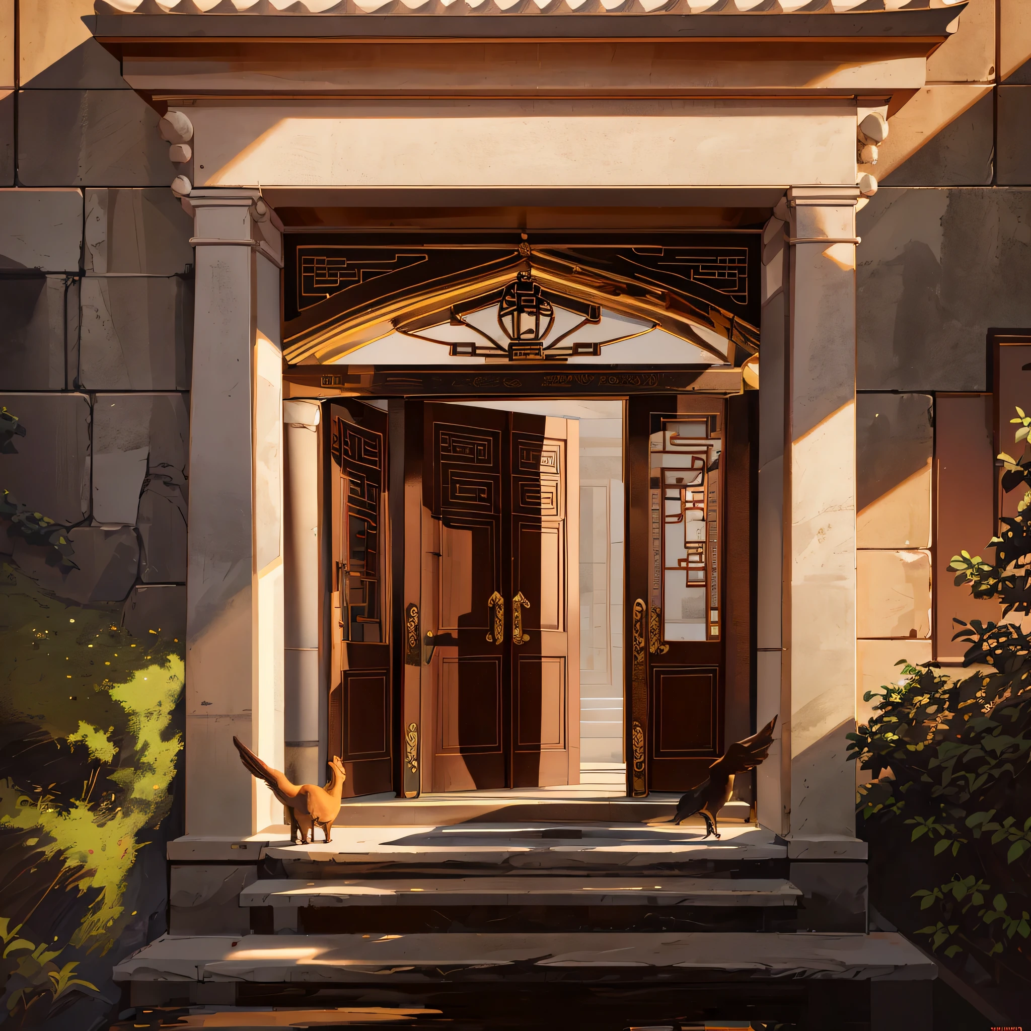 There is a door，New Chinese，tall entry, 新Classic style, dramatic entry, symmetrical details, Symmetrical doorway, Classic style, detailed classical architecture, symmetrical detailss, Meticulous detailss, Meticulous details, 新Classic style, location photography, Stunningly detailed, ornate and detailed, The stone carvings are very detailed