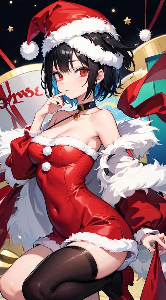 Girl with short black hair、Wearing a Santa Hat、one piece santa costume、A girl in a Santa costume is looking at the camera、reduce skin exposure、Top image quality、digital anime art、Colorful Digital Painting、Anime Style 8K、digital anime illustration、a beautiful anime portrait、Vibrant digital painting、詳細なdigital anime art、Christmasの街並み、Christmas、
