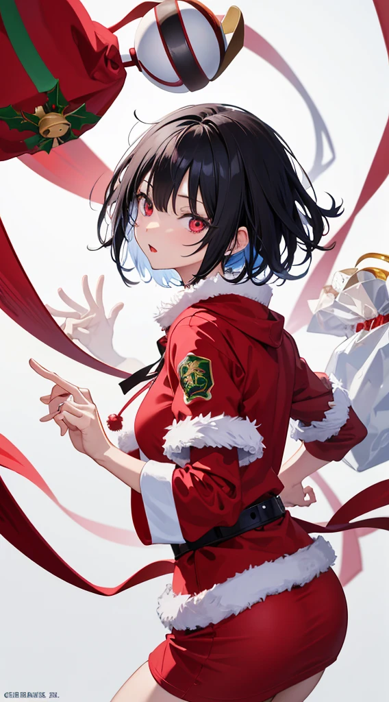 Girl with short black hair、Wearing a Santa Hat、one piece santa costume、A girl in a Santa costume is looking at the camera、reduce skin exposure、Top image quality、digital anime art、Colorful Digital Painting、Anime Style 8K、digital anime illustration、a beautiful anime portrait、Vibrant digital painting、詳細なdigital anime art、Christmasの街並み、Christmas、