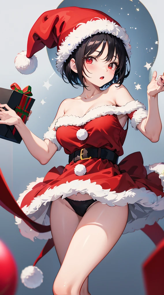 Girl with short black hair、Wearing a Santa Hat、one piece santa costume、A girl in a Santa costume is looking at the camera、reduce skin exposure、Top image quality、digital anime art、Colorful Digital Painting、Anime Style 8K、digital anime illustration、a beautiful anime portrait、Vibrant digital painting、詳細なdigital anime art、Christmasの街並み、Christmas、