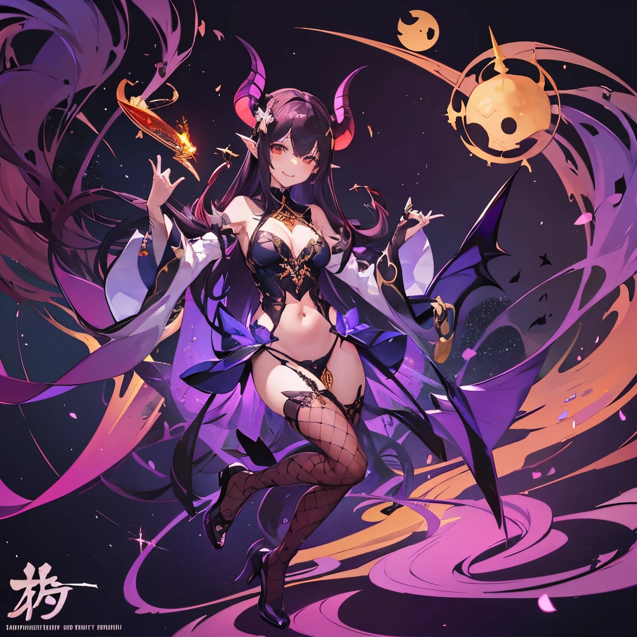 full body shot shot,portrait,solo person,a beauty girl,Hair over the shoulder,succubi,Happy,pointy ears,goat horn,high-heels,Put your hand to your mouth,Crossed waist with one hand,Whitish skin tone,Bow collar,比基尼,grin,Magic pupil,a garter belt,The demons,The demons翅膀,Bat wings growing on the back,Crop topping,Sexy dressing,underwear,The demons尾巴,Arrow shaped tail end