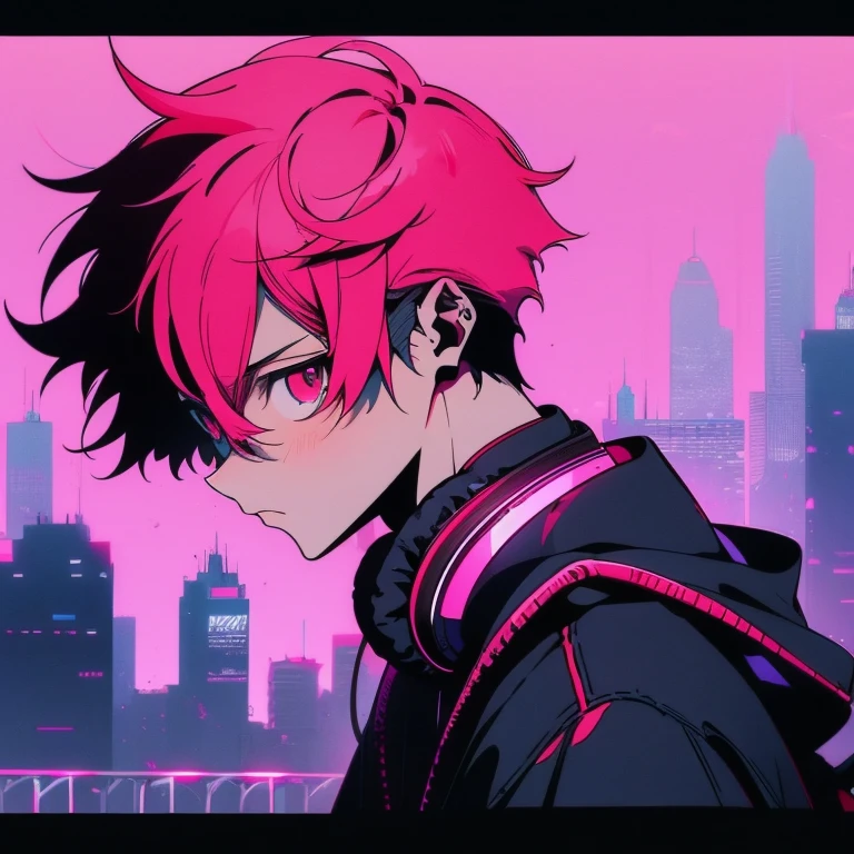 (short-cut), (Two-block hair), (vivid pink hair), (male character), (Red Eyes), (Cool pose), (of the highest quality), (​masterpiece), (ultra-detailliert), (Oversized hoodies), (Street), (neons), (Camera from a down angle), (Modern City), (neonsデイライト), (Cinematic), (Stylish), (hight resolution), (Hyper Detailed), (Looking at the camera), (Anime-style), (Softtown), (nightcore), (a handsome man), (Listening to music through headphones), (natural appearance of the building), (casual), (ig studios anime style), (Super beautiful angle of view),