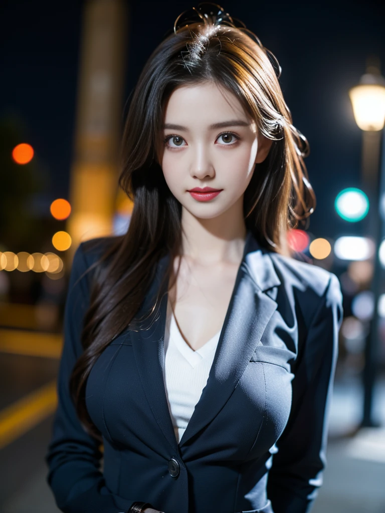 tmasterpiece,Highest image quality,super detailing,(1 Sister), The beautiful, amazing face and eyes, Cosmetics for a delicate and beautiful face), (The sexiest look), (The beautiful大胸:1.1), (Best quality at best:1.4), (ultra - detailed), (Extremely detailed CG-8k wallpaper), Very meticulous, RAW photogr, professional photoshooting, ((buisness suit)), (tightly dress), (Open business shirt), Outdoor sports, (down town, nightcity, lamplight), (nigh sky), depth of fields,The chest is particularly large,Deep,