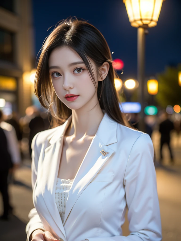 tmasterpiece，Highest image quality，super detailing，(1 Sister), The beautiful, amazing face and eyes, Cosmetics for a delicate and beautiful face), (The sexiest look), (The beautiful大胸:1.1), (Best quality at best:1.4), (ultra - detailed), (Extremely detailed CG-8k wallpaper), Very meticulous, RAW photogr, professional photoshooting, ((buisness suit)), (tightly dress), (Open business shirt), Outdoor sports, (down town, nightcity, lamplight), (nigh sky), depth of fields,The chest is particularly large，Deep，