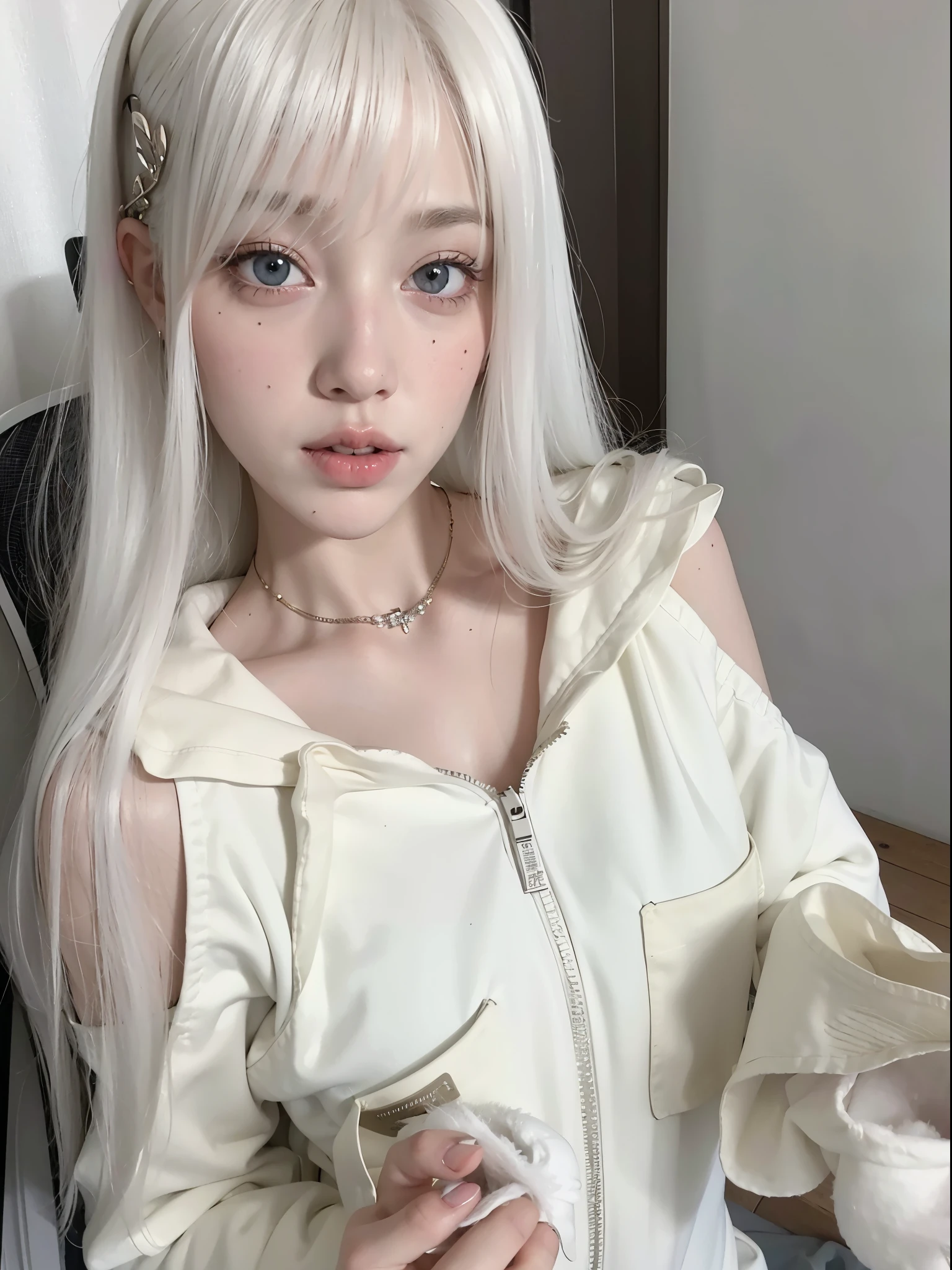 Chica de pelo rubio con una chaqueta blanca y un collar de plata., con pelo largo blanco, Peinado blanco de corte hime, con el pelo largo y blanco, Chica anime in real life, pale milky white porcelain skin, piel blanca lechosa, Chica anime , Cabello largo y blanco y flequillo, ulzzang, Hermosa Delphine, pale porcelain white skin, Su cabello es blanco