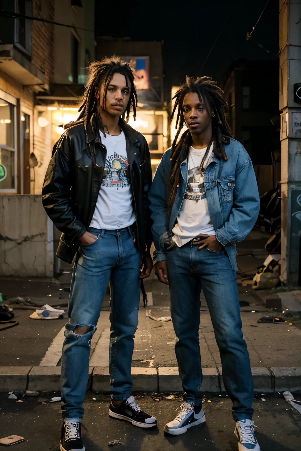 Photorealistic, two man smoking joints , hair dreadlocks . Wearing rip jeans and holding learning on a broken street ghetto house the Neon light text bold printed on the building saying that "ROSROS" street light smoke beside them and the box on fire on the road ,