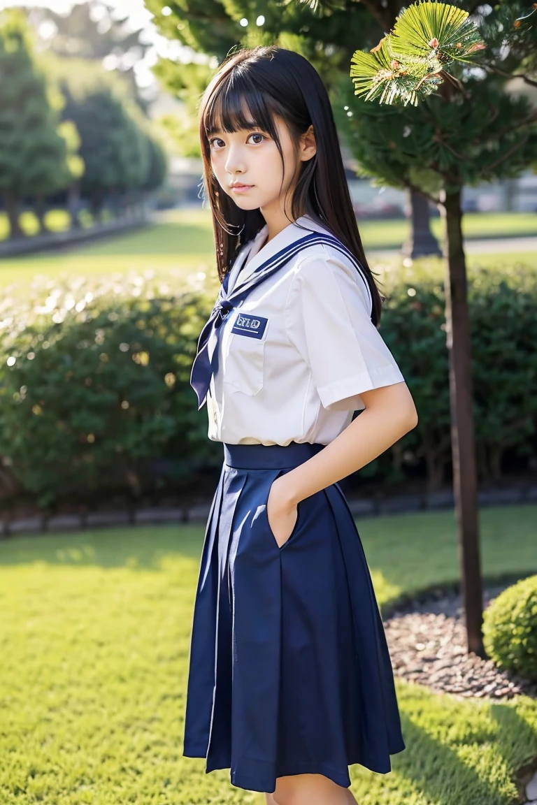 lawn、((Two beautiful Japan girls))、Two beautiful girls、Cute same school uniform、Navy blue sailor uniform、15yo student、Wistful expression、With bangs、Tall、Black straight semi-long hair、((Long skirt to hide the knees))、((long navy skirt))、early evening、the wind、Thin leg、Standing、put strength into your body、Short Bob、