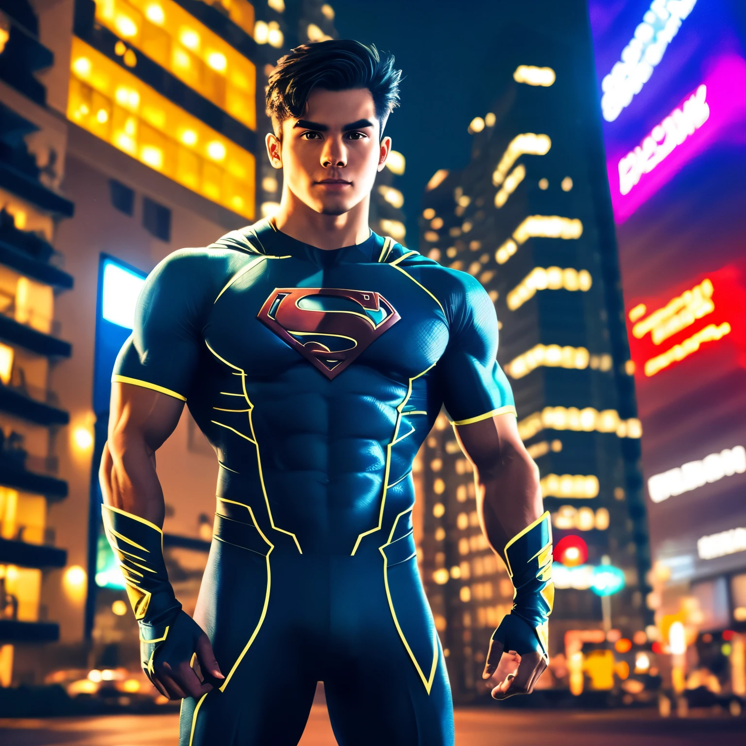 A young man，Wearing a superhero costume，Have a strong body and sharp eyes，Showing off his superpowers，high qulity，Realisticstyle，On a modern  night，Against the background of high-rise buildings，Man standing on top of a skyscraper，Surrounded by flashing neon lights and busy streets of the city。