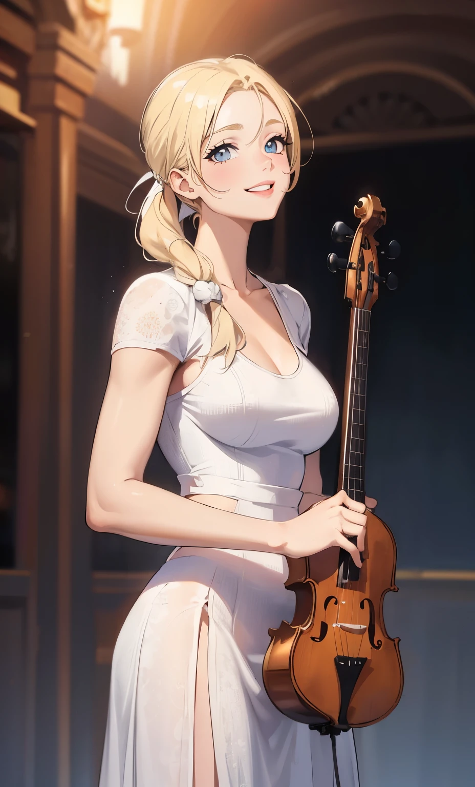 (Best quality at best,4K,8K,A high resolution,tmasterpiece:1.2),ultra - detailed,(actual,realistically,realistically:1.37), Ultra HD face, Woman wearing white low-cut tight dress holding violin, blonde ponytail, high quality fingers, V-shaped bust clothes, , Crazy expansion, butt augmentation surgery, hip is cocked, Thin waist and thick hips, Fitness model, Ruddy cheeks, A smile, standing on a stage