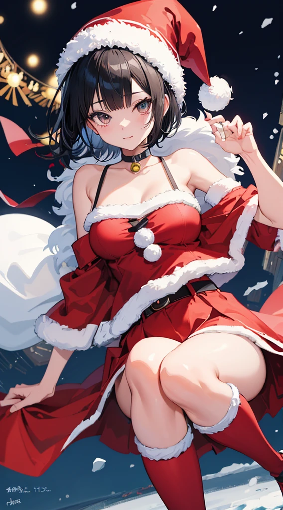 Santa goth girl, ear piercing, goth, gothic, sexy, christmas outfit, pale skin, pale blue eyes, short hair