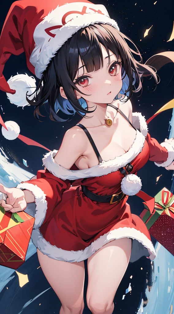 Girl with short black hair、Wearing a Santa Hat、one piece santa costume、one piece santa costumeを着た女の子がカメラを見ている、Reduce skin exposure、Top image quality、digital anime art、Colorful Digital Painting、Anime Style 8K、digital anime illustration、a beautiful anime portrait、Vibrant digital painting、詳細なdigital anime art、Night city、Christmasの街並み、Christmas、