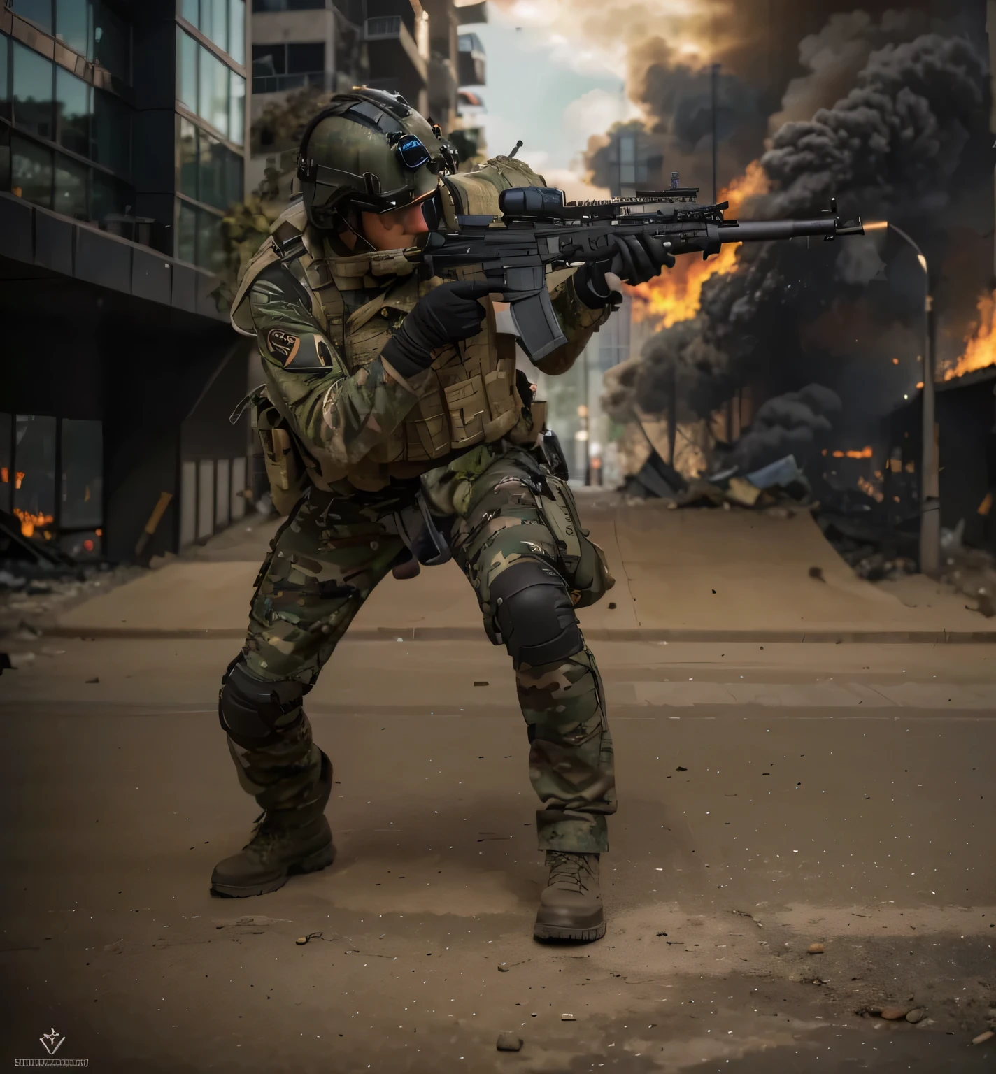 military with high resolution with war background and smoke that exalts its strength and intimacy, Tactical equipment, tactical armor, special forces, fotografia, Vista lateral, Abandoned building, red flame smoke, fogo, bullet tracers, ballistic mask