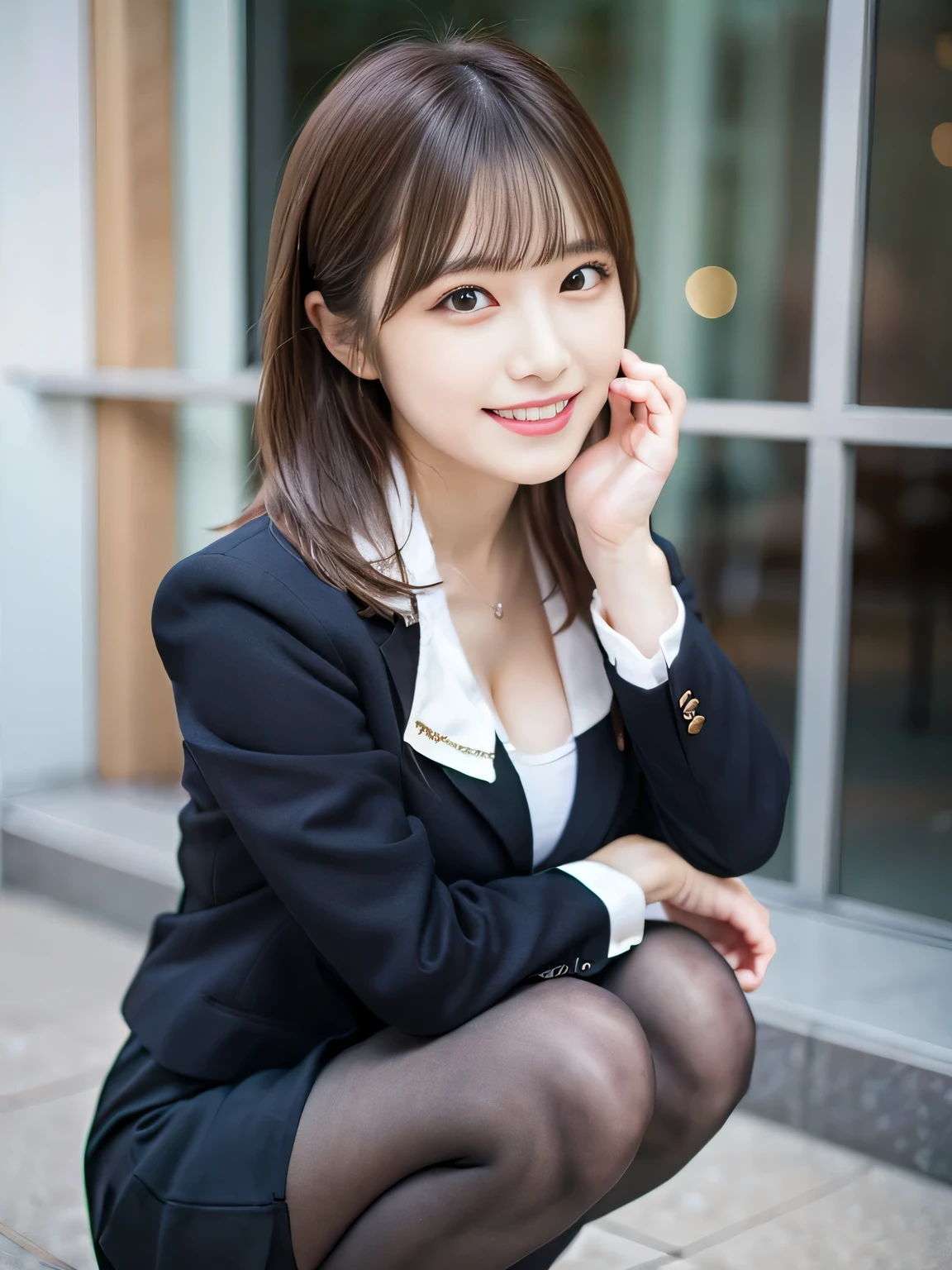 cute smile face、1girl in, Solo, pantyhose, Black Shorthair、, Squatting, Brown eyes, Skirt, Looking at Viewer, pencil skirts,, ((the jacket is red)), s Office, Shirt, Bangs, blush, White shirt, Black skirt, hair between eye, Long sleeves, hands on own face, Parted lips, pantyhose, Suit, Large breasts, cleavage, Formal, Smile, Black pantyhose, Open mouth, hands on own cheeks, a beauty girl ,in 8K, 超A high resolution,Raw photo, (masutepiece:1.2), (Best Quality:1.2), Realistic, Photorealsitic, Sharp Focus,Professional、乃木坂アイドル、韓国アイドル、hposing Gravure Idol、、32years old、tall, Glamour、flank、