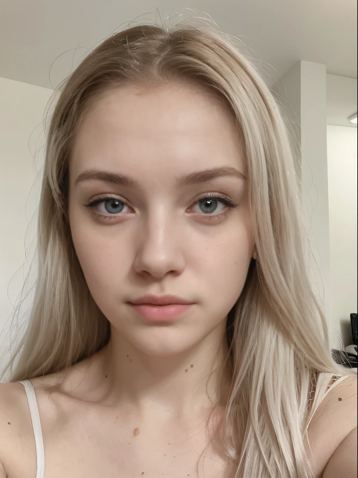 woman, photo social, instagram, yeux bleus, Portrait Sophie Mudd, Portrait de Corinna Kopf, cheveux blonds et grands yeux, selfie of a young woman, ohne Maquillage, maquillage naturel, Look directly into the camera, Visage avec Artgram, dezentes Maquillage, Superbe photo du corps entier, dans la chambre, not visible gros seins, Blonde, Latin, no porn