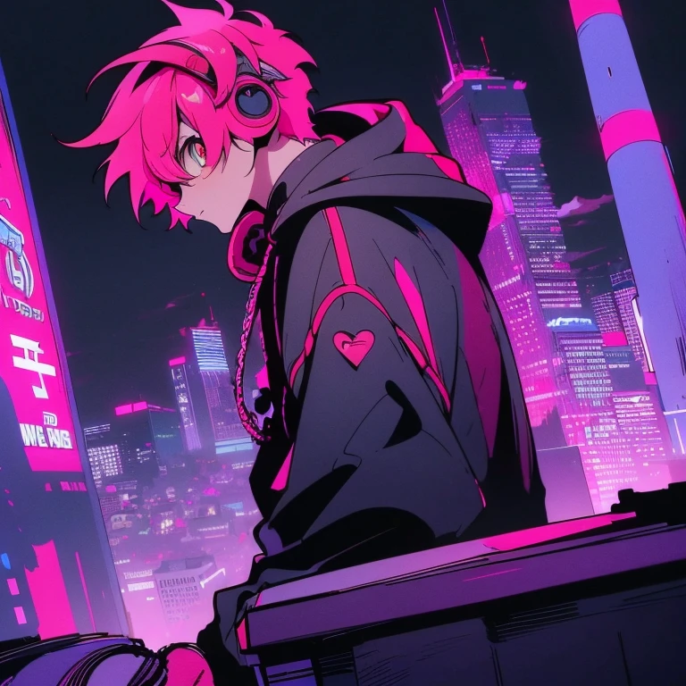 (short-cut), (Two-block hair), (vivid pink hair), (male character), (Red Eyes), (Cool pose), (of the highest quality), (masterpiece), (ultra-detailliert), (Oversized hoodies), (Street), (neons), (Camera from a down angle), (Modern City), (neonsデイライト), (Cinematic), (Stylish), (hight resolution), (Hyper Detailed), (Looking at the camera), (Anime-style), (Softtown), (nightcore), (a handsome man), (Listening to music through headphones), (natural appearance of the building), (casual), (ig studios anime style), (Super beautiful angle of view),