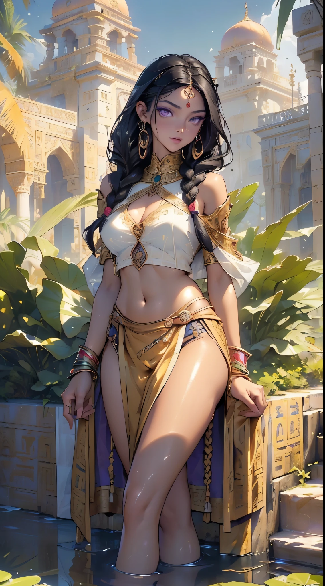 girl from ancient Egypt,1girl,((young girl,************ girl,young)),

(large breasts:1.5),saggy breasts,(((black hair:1.4,straight hair,long hair:1.4,colored inner hair))),(((gold_eyes:1.3))),intricate eyes,beautiful detailed eyes,symmetrical eyes,((((dark skin:1.4,lustrous skin:1.5,bright skin: 1.5,skin tanned,shiny skin,very shiny skin,shiny body)))),(spider lower abdomen,narrow waist,wide hip,bimbo body,inflated legs,thick thighs),(((detailed face))),beautiful detailed lips,

(cute,slutty,sensual,seductive look,seductive,((erotic)),opulent,sumptuous,(((nsfw)))),

revealing clothing,show skin,cleavage,(barefoot,),princess,goddess,beautiful white clothes: 1.3,fantasy,((white silk:1.3)),(robe top),((eyeshadow,egyptian makeup,eyelid makeup,gold lips,gold lipstick)),(((Transparent cloth,wet clothes,intricate outfit,embroidered outfit,ornate outfit,intricate clothes,embroidered clothes,ornate clothes))),

dynamic and seductive pose,looking at viewer,(smirk,beautiful smile),centered,scale to fit dimensions,Rule of thirds,

outdoors,egyptian imperial pillars,((imperial pillars background,egyptian imperial palace,egyptian imperial palace background,imperial pyramids in the background)),scenery,extremely scenery,(puddles everywhere,moss,moss on the background), Egypt style,Egypt imperial palace,(sunset, golden hour),

(Glossy Egyptian ornaments),highres,sharp focus,(ultra detailed,extremely detailed),(photorealistic artwork:1.37),(extremely detailed CG unity 8k wallpaper),(((vibrant colors,vibrant theme))),(intricate),(masterpiece),(best quality),artistic photography,(photography taken by sldr),(intricate background),perfect rendered face,perfect face details,realistic face,photo realistic,((intricate detail)),(((realism))),
