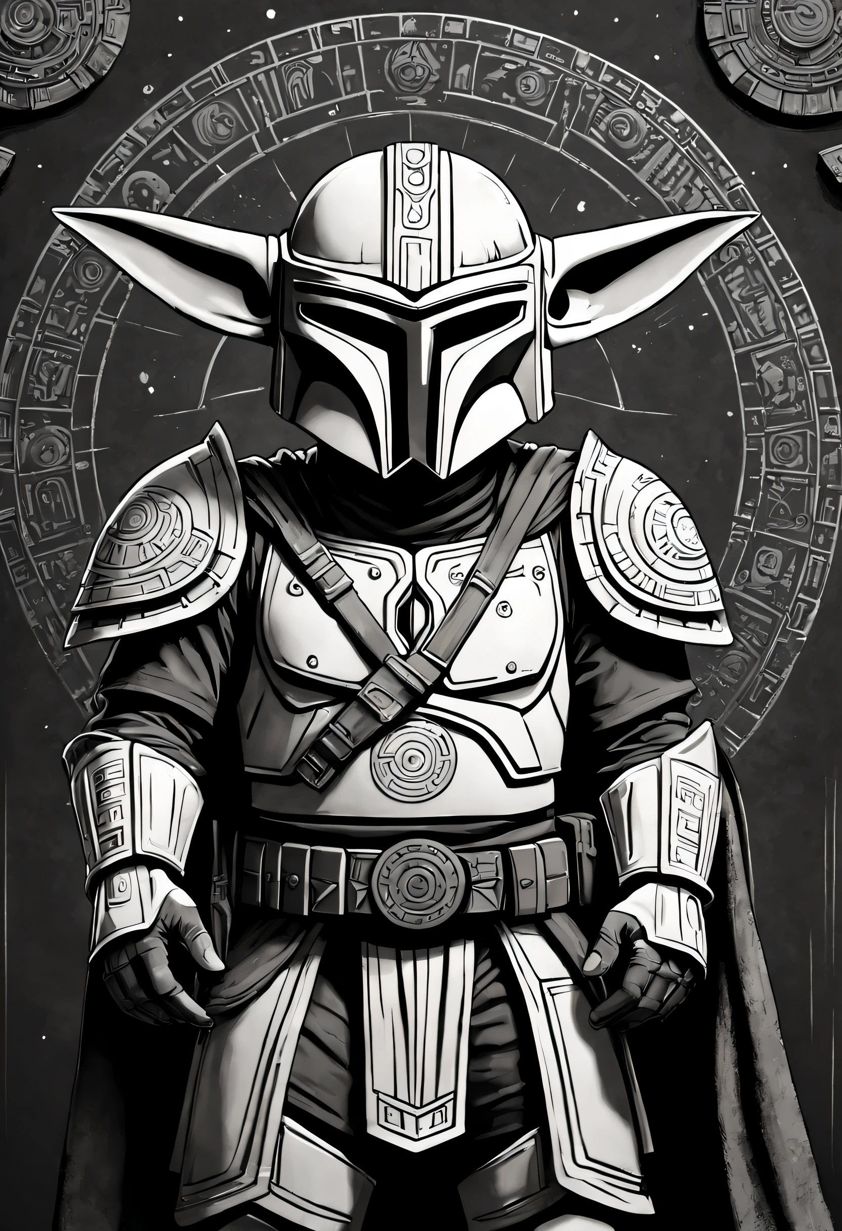 Design a detailed vector of the Aztec Calendar in black and white, merging the cultural depth of the Aztecs with the warrior spirit of the Mandalorians from Star Wars. At the epicenter of the calendar, replace the Aztec solar symbol with the iconic helmet of a Mandalorian, meticulously crafted with intricate details, highlighting defined lines, and precise shadows that convey the essence of the armor.

In the concentric rings of the Aztec Calendar, integrate a series of Mandalorian characters, from Din Djarin (the Mandalorian) to loyal companions and adversaries, each authentically represented with fidelity to their distinctive features. Among these characters, include Grogu (Baby Yoda), with his iconic cuteness contrasting the battle-ready demeanor of the Mandalorian.

Employ detailed and precise lines to capture the essence of Aztec culture, merging it with the futuristic and martial aesthetics of Star Wars. The black and white color palette should emphasize contrasting textures and nuances, especially in the armor and facial expressions of the characters.

The typography used for dates and numbers should reflect the fusion between Aztec writing and Mandalorian communication codes, creating a unique visual language that connects both cultures. Use Adobe Illustrator and a graphics tablet to ensure the accuracy and richness of details in creating this vector that pays homage to galactic history and the rich Aztec tradition, encapsulating the Star Wars epic in an authentic and evocative manner.