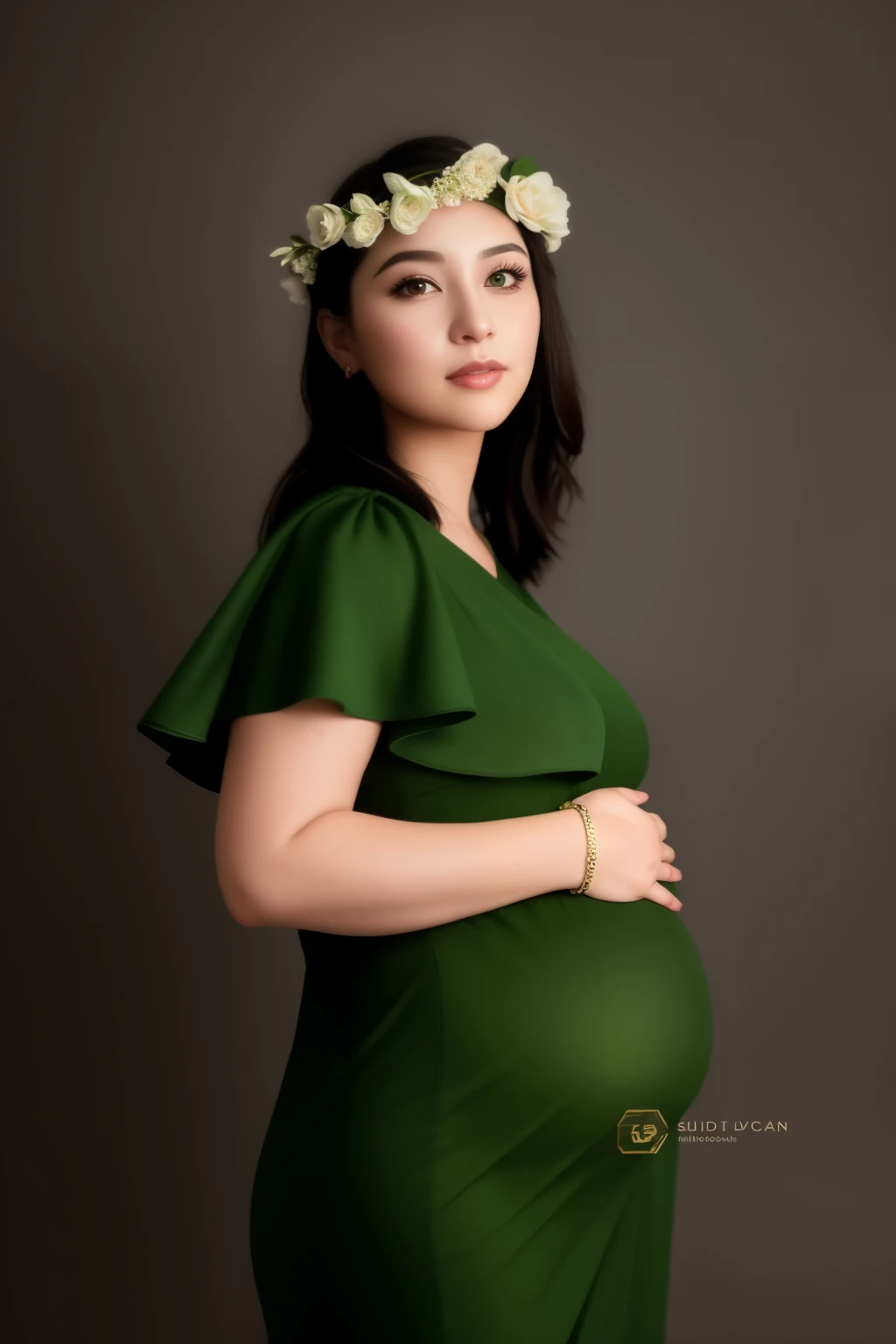 a pregnant woman wearing a green dress and a flower crown, studio photography portrait, pregnant belly, maternal photography 4 k, studio portrait photography, studio photo portrait, professional portrait photograph, studio portrait photo, color studio portrait, professional portrait photo, photography portrait, full body portrait shot, studio photographic portrait, full body and head shot, head and shoulders photography, photoshoot portrait