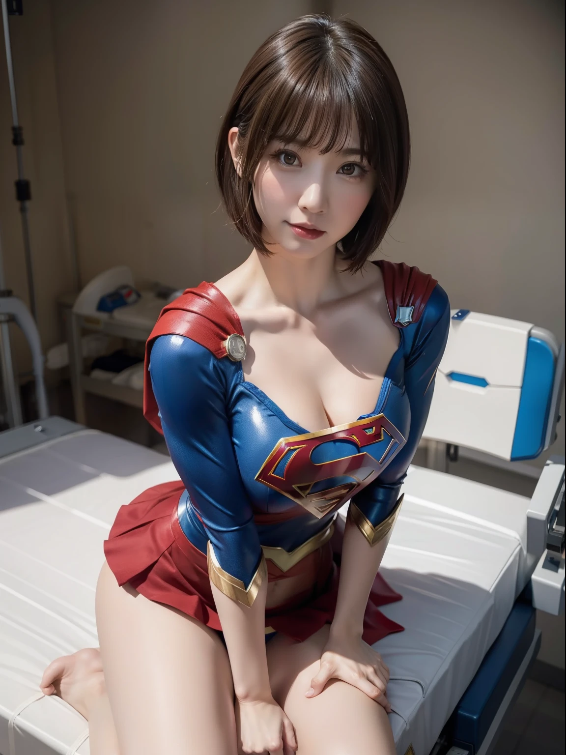 ​masterpiece,Supergirl Costume, short-hair, bare-legged, large full breasts,surgery room、Operating table、straddle、depraved、shiny、Looking at the camera、Provocation、seduces